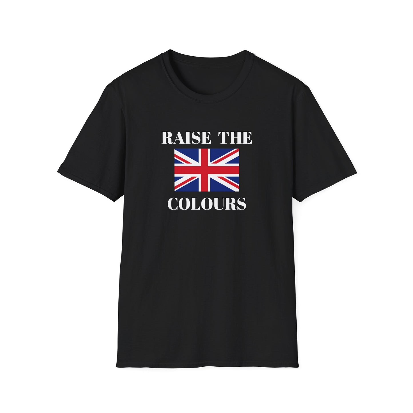 Black t shirt with Union Jack and raise the colours message