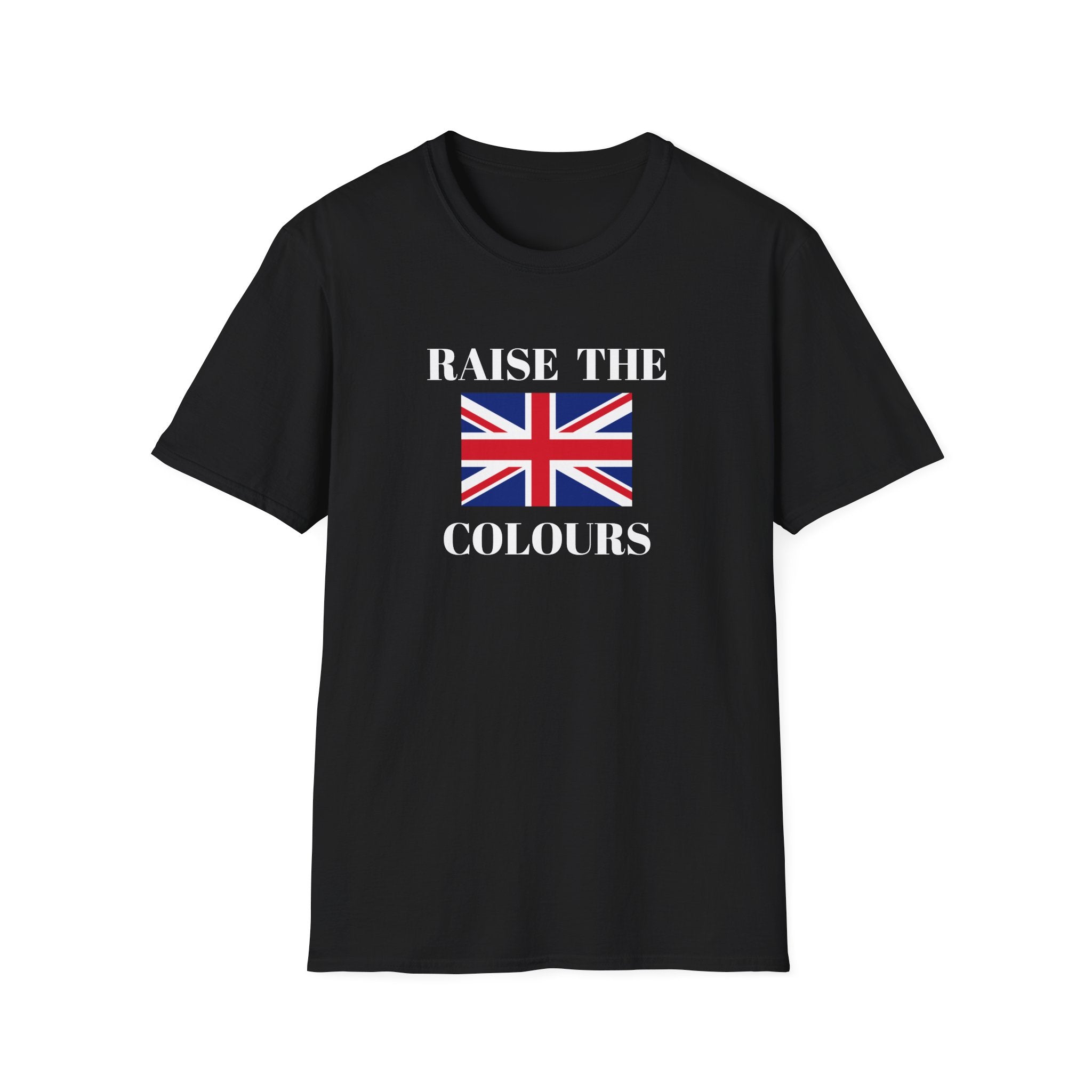 Black t shirt with Union Jack and raise the colours message