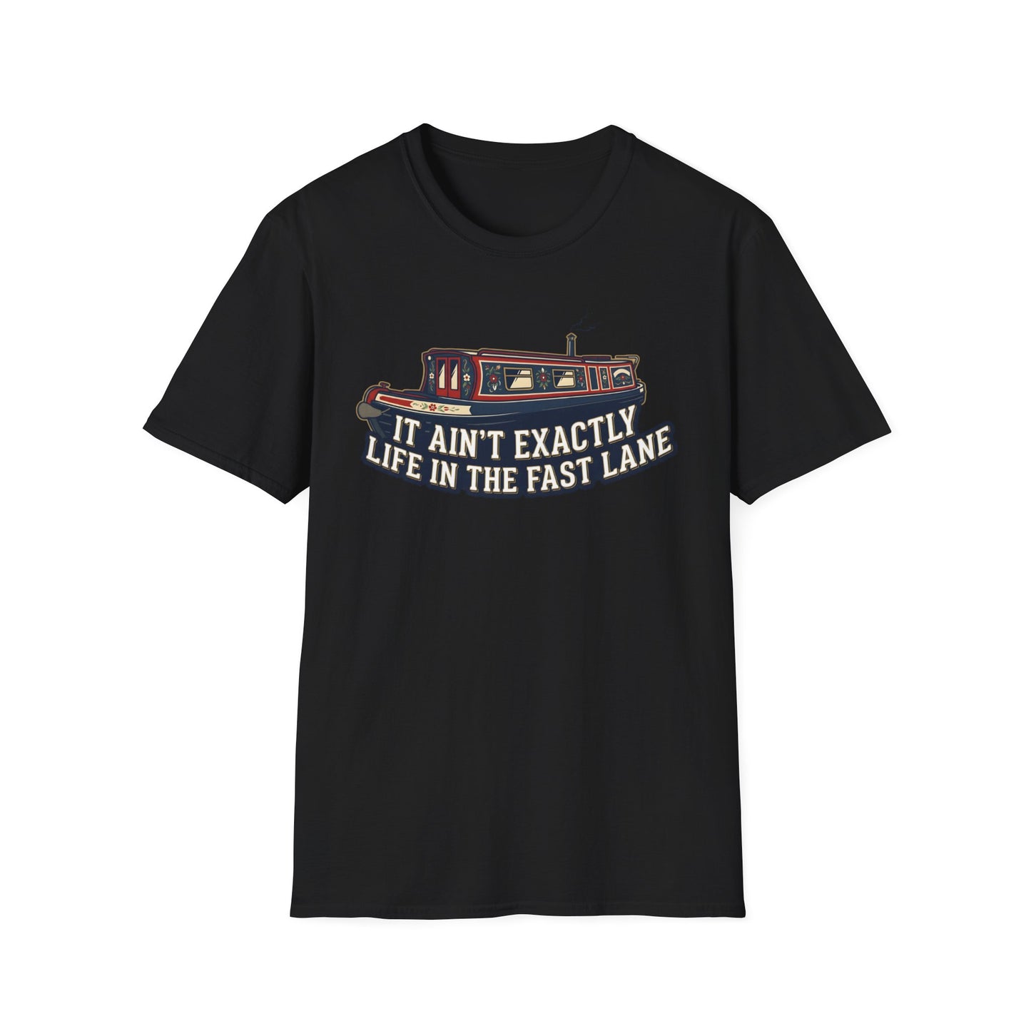 Black t-shirt with a graphic of a narrowboat and text on a white background