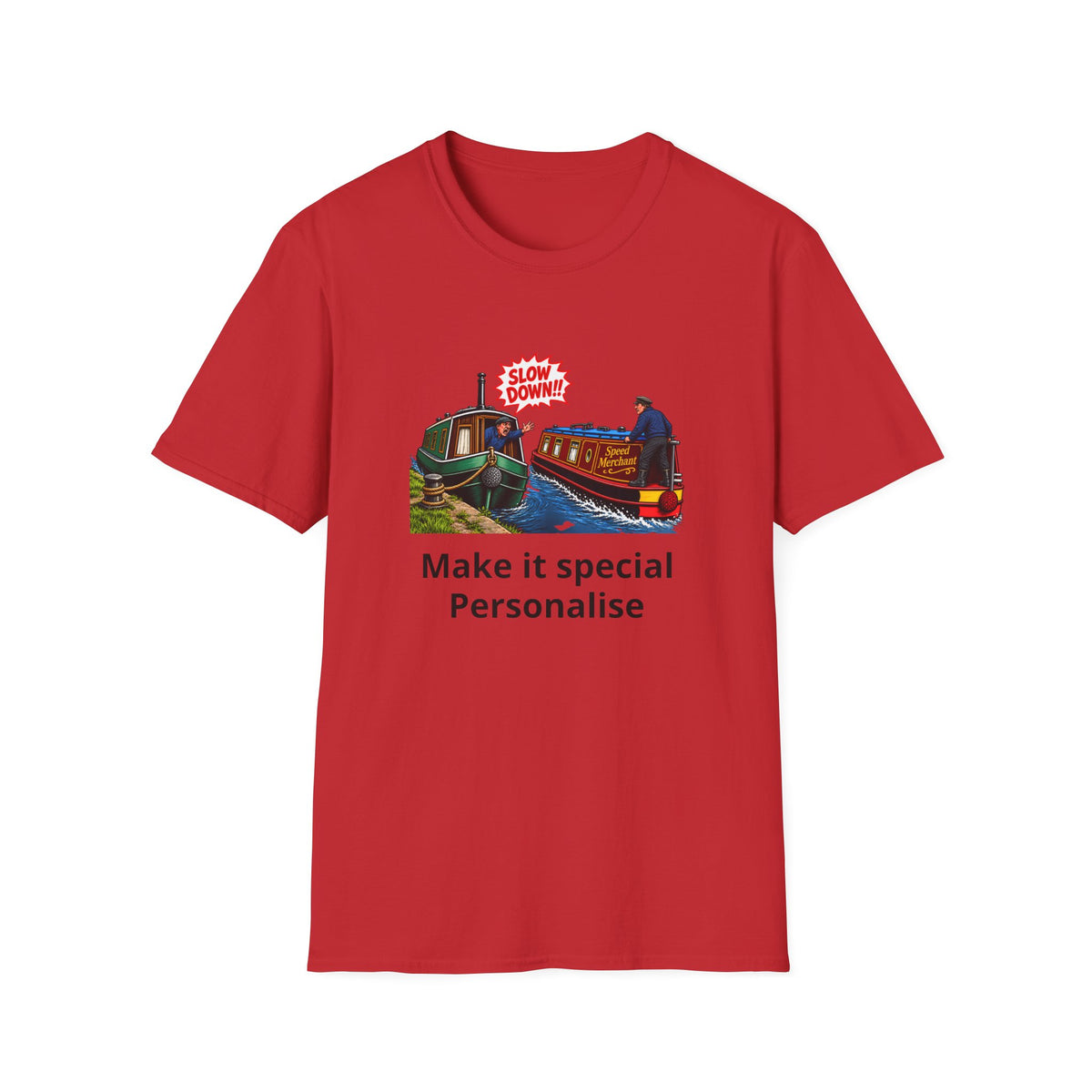 A red short-sleeve crewneck t-shirt with a graphic of a canal boat  and the text 'Make it special Personalise' printed on the front, displayed on a solid white background.
