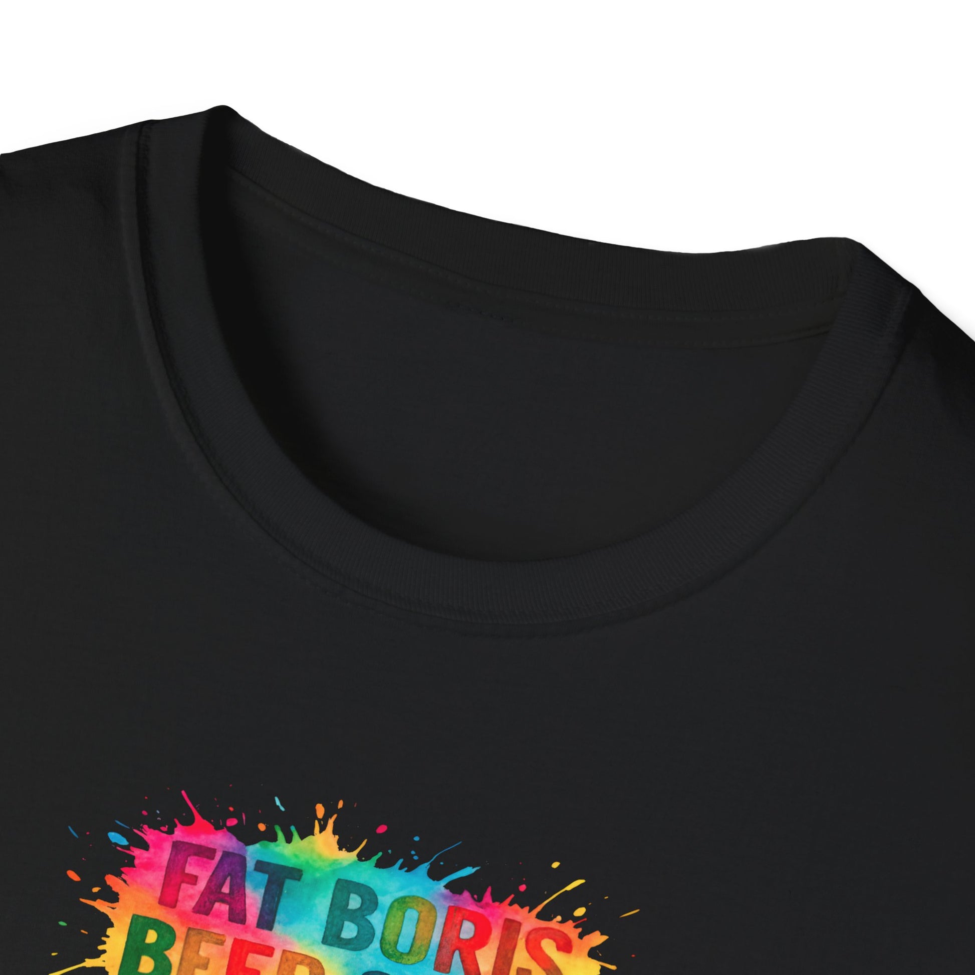 Black t-shirt with colorful text design on a white background