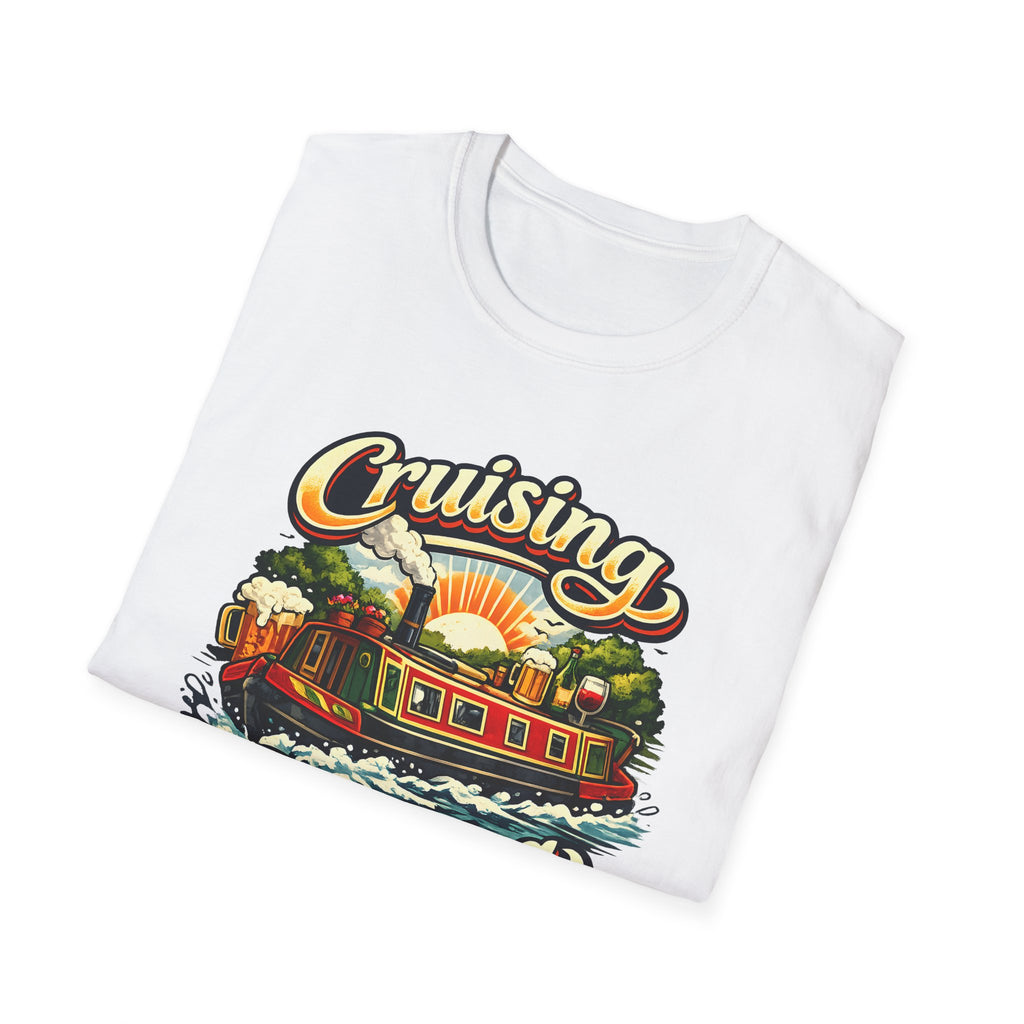White t-shirt with a colorful graphic of a steamboat and 'Cruising' text on a white background