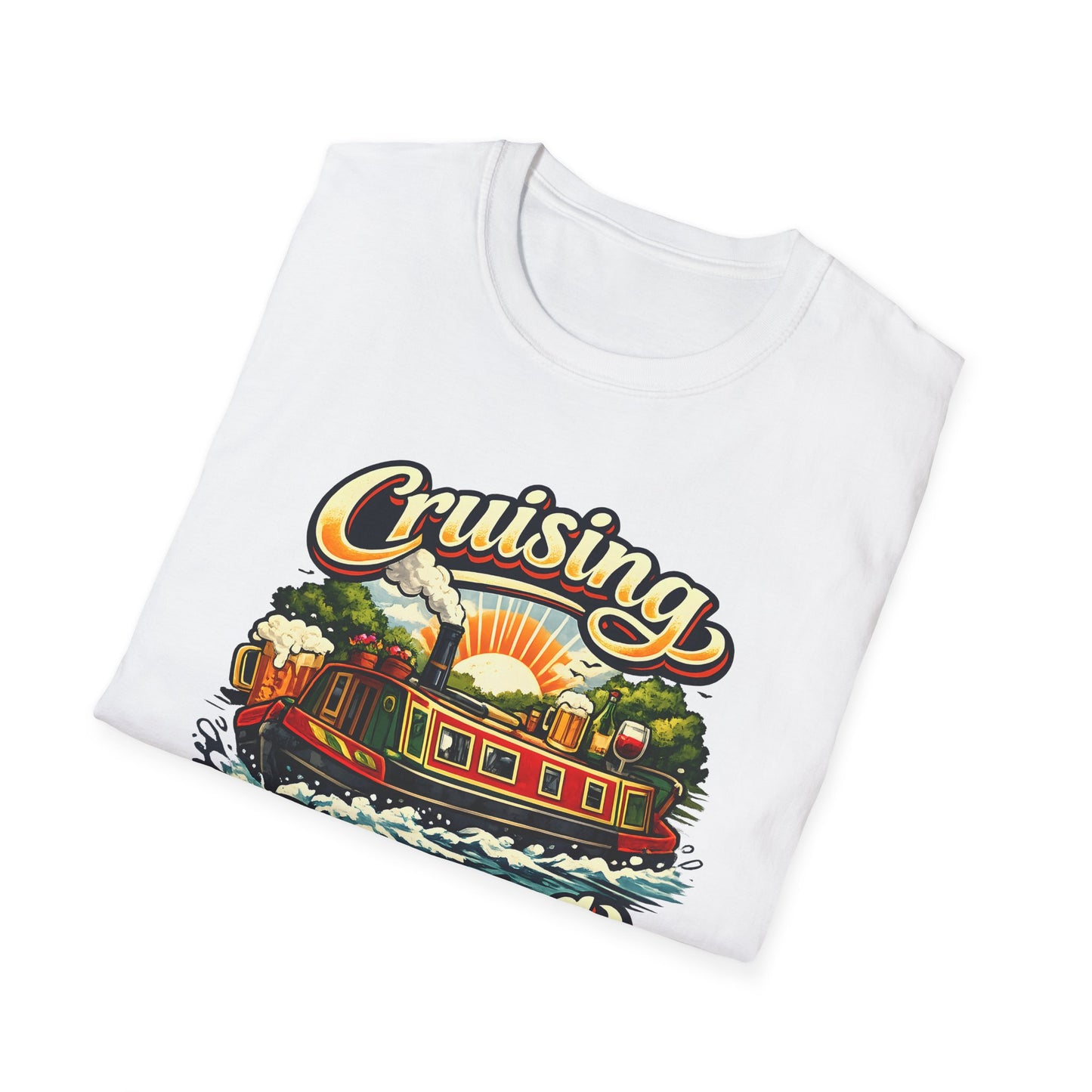 White t-shirt with a colorful graphic of a steamboat and 'Cruising' text on a white background