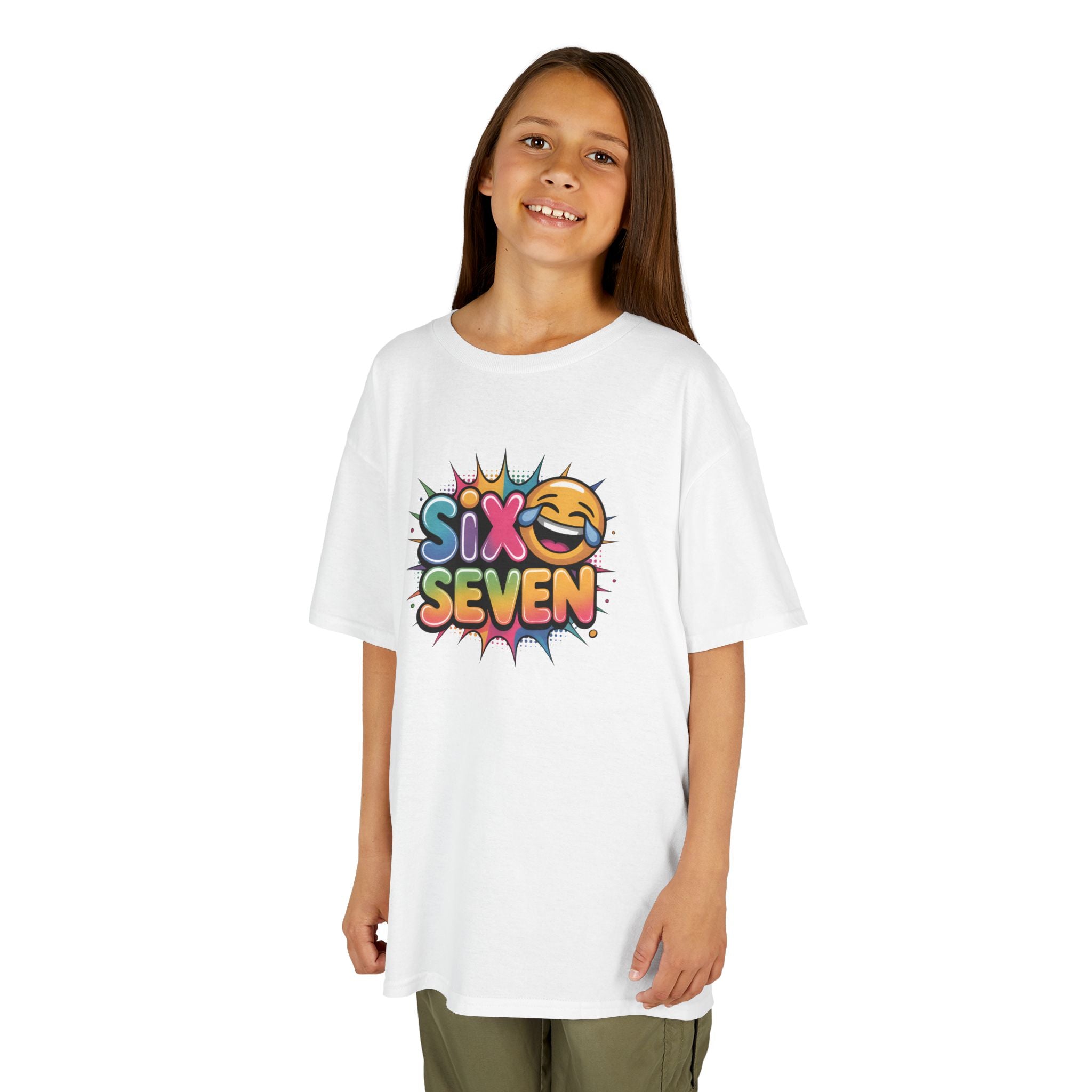 Young girl wearing a white t-shirt with colorful 'Six Seven' design on a white background