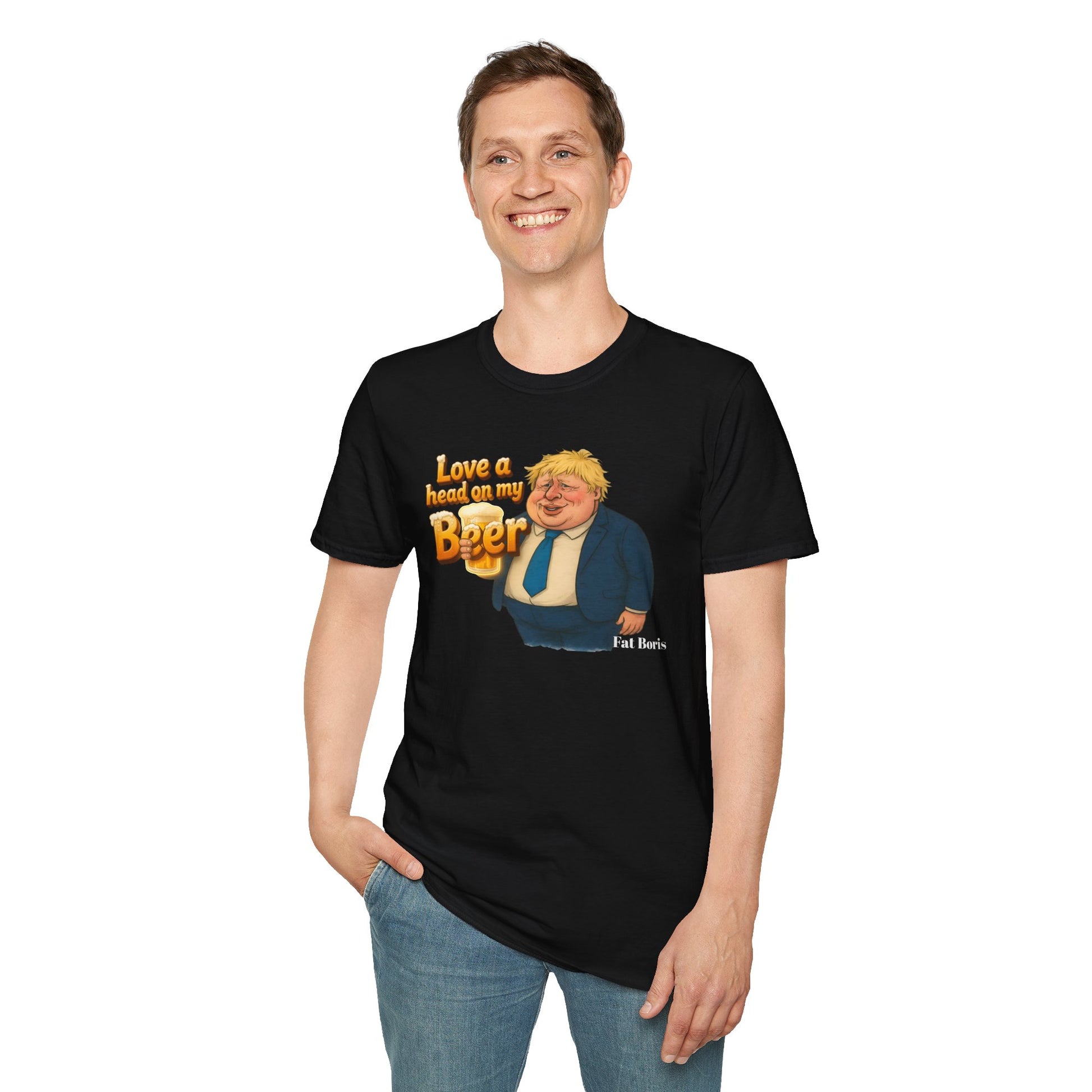 Political Caricature T‑Shirt — "Love a Head on My Beer" Funny Boris Johnson Design Printify