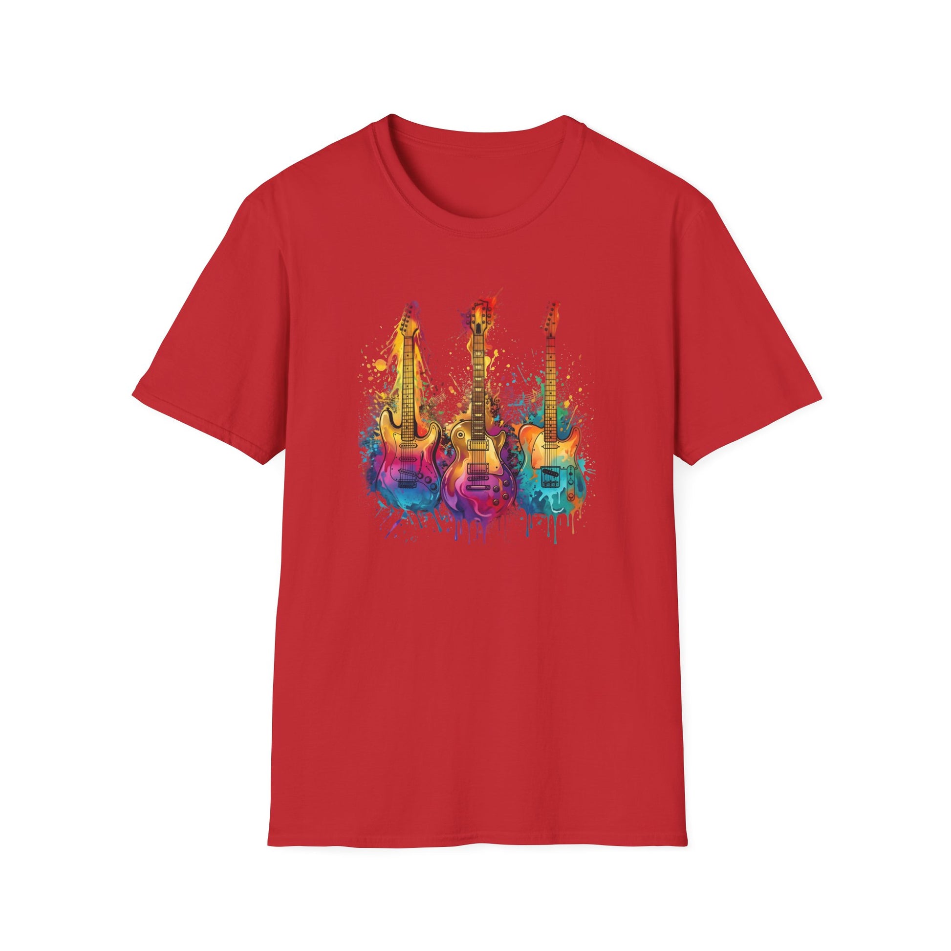 Vivid Paint Splash Design Three Guitars Trio T-Shirt — Colourful  Musical Instrument Tee