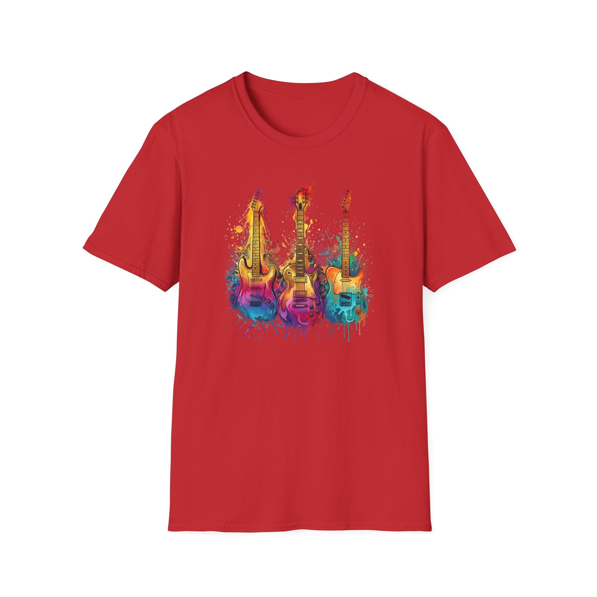 Vivid Paint Splash Design Three Guitars Trio T-Shirt — Colourful  Musical Instrument Tee