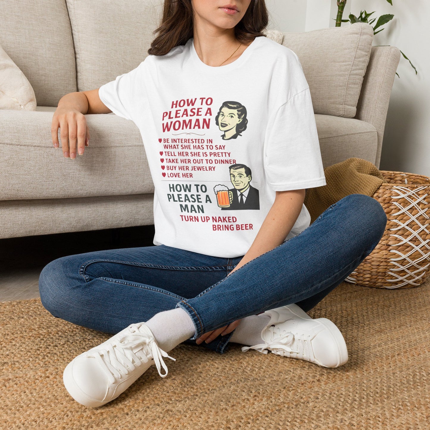 How to Please a Woman vs Man Vintage Humor T-Shirt Fat Boris