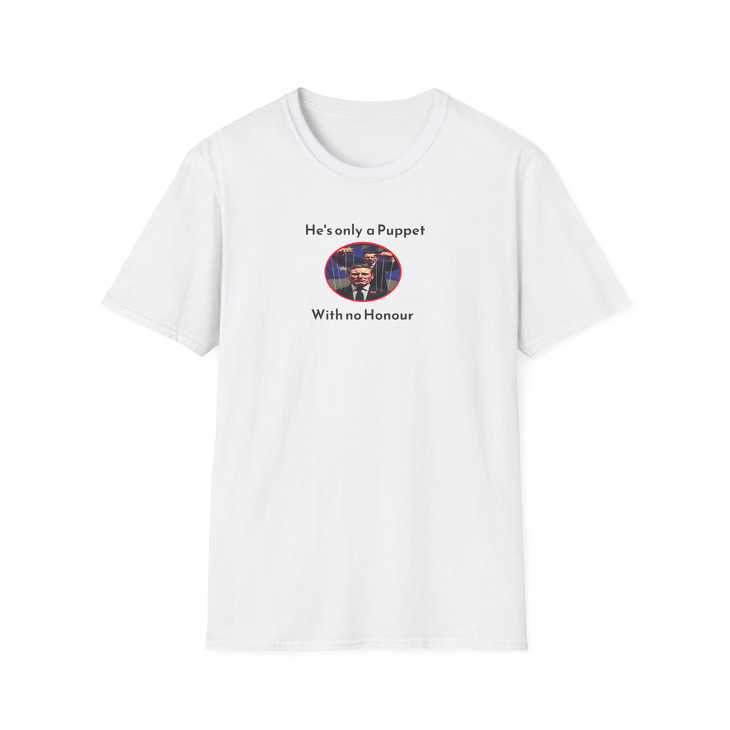 White t-shirt with graphic and text on a white background