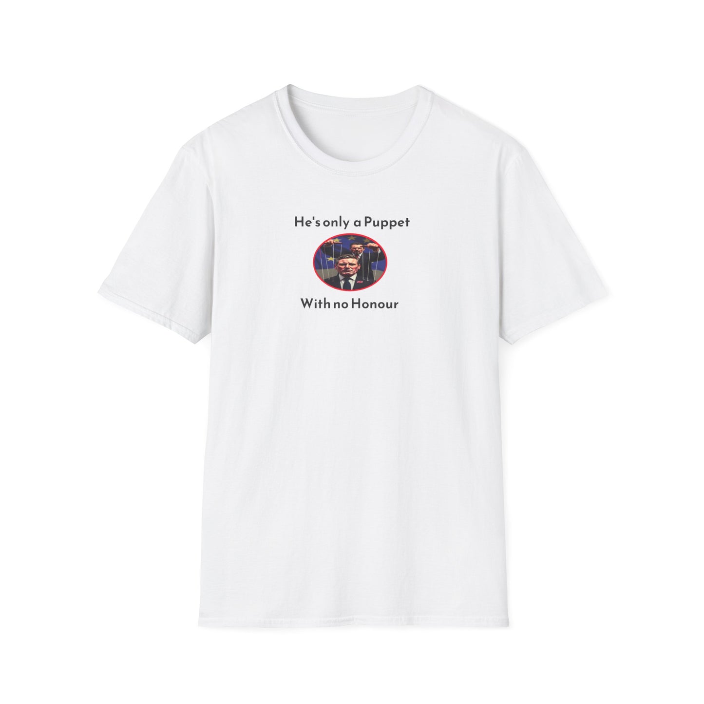 White t-shirt with graphic and text on a white background