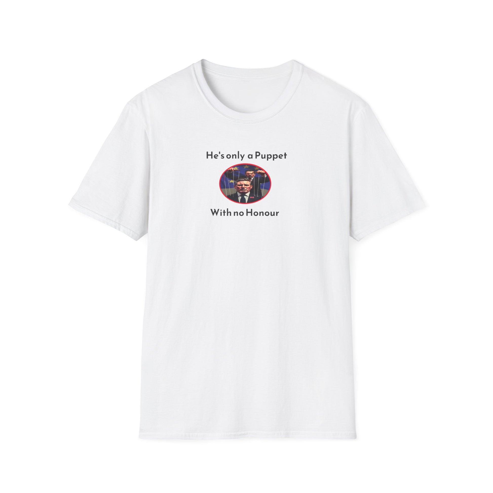 White t-shirt with graphic and text on a white background