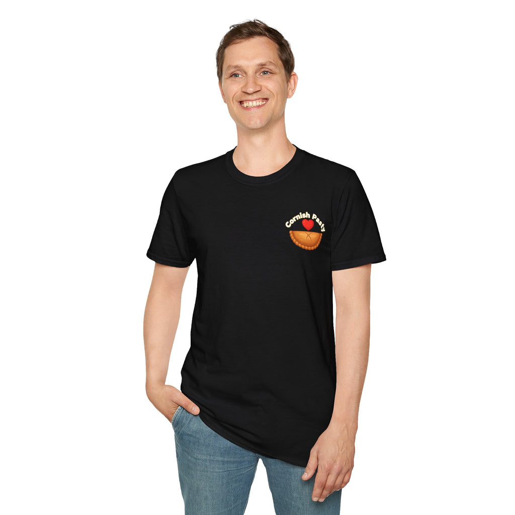Man standing wearing black t-shirt with a graphic design, I love Cornish pasty on a white background 