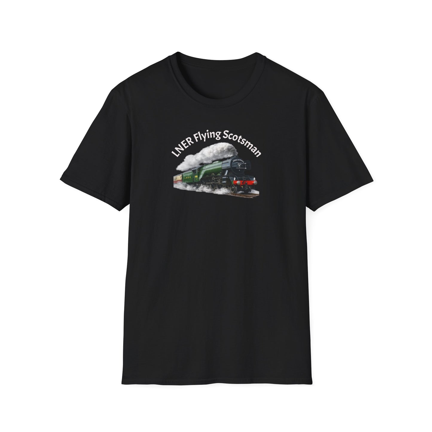 Black t-shirt with 'LNER Flying Scotsman' train design on a white background
