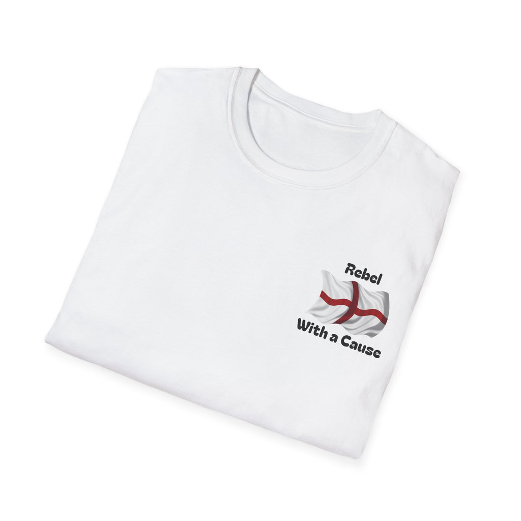 folded White t-shirt with 'Rebel With a Cause' design on a white background