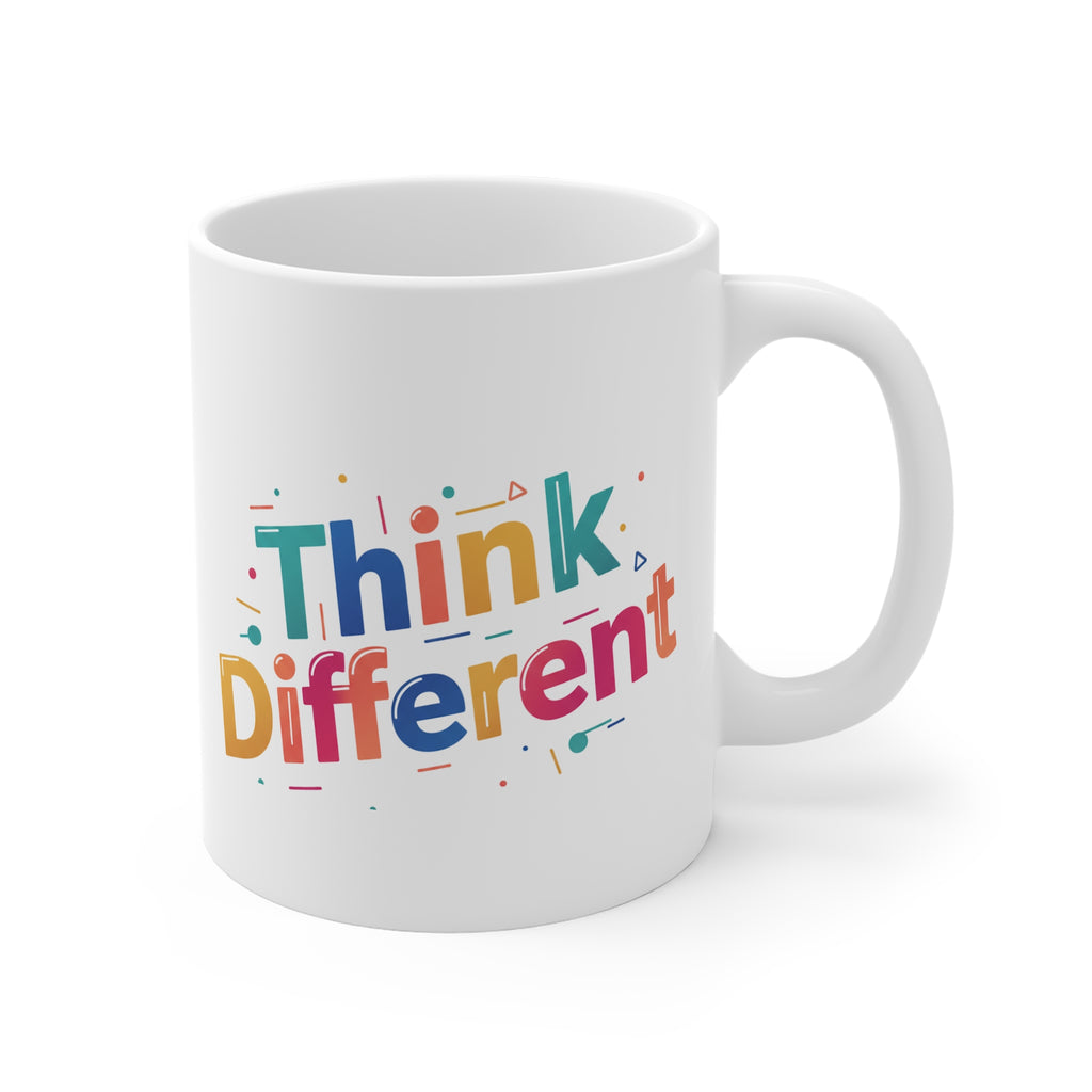White mug with 'Think Different' text in colorful letters on a white background