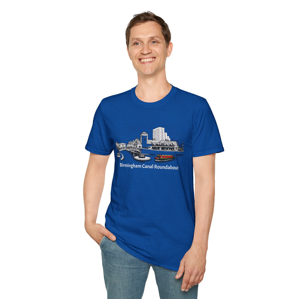  Birmingham Canal Roundabout T-shirt featuring a classic narrowboat illustration. Perfect for canal lovers, boaters, and Birmingham history fans.