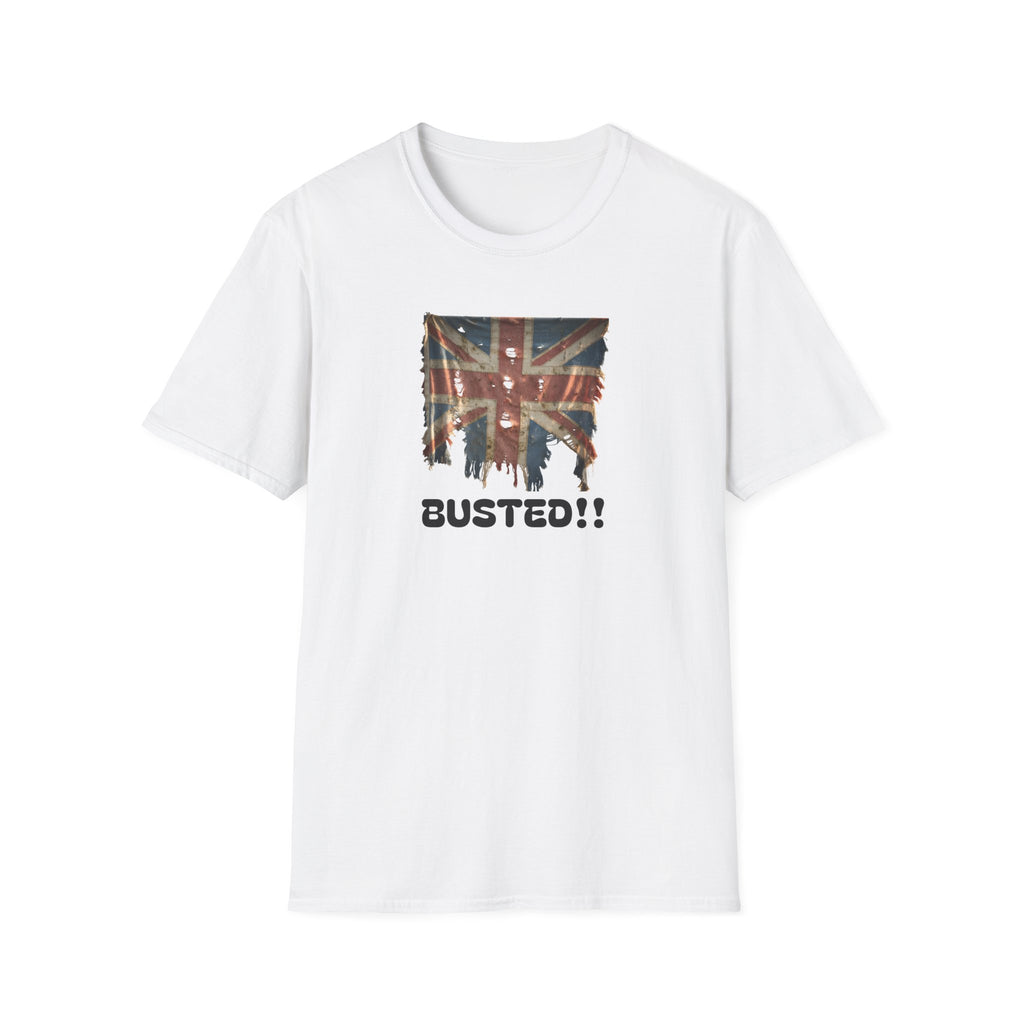 White t-shirt with a graphic design and 'BUSTED!!' text on a white background