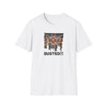 White t-shirt with a graphic design and 'BUSTED!!' text on a white background