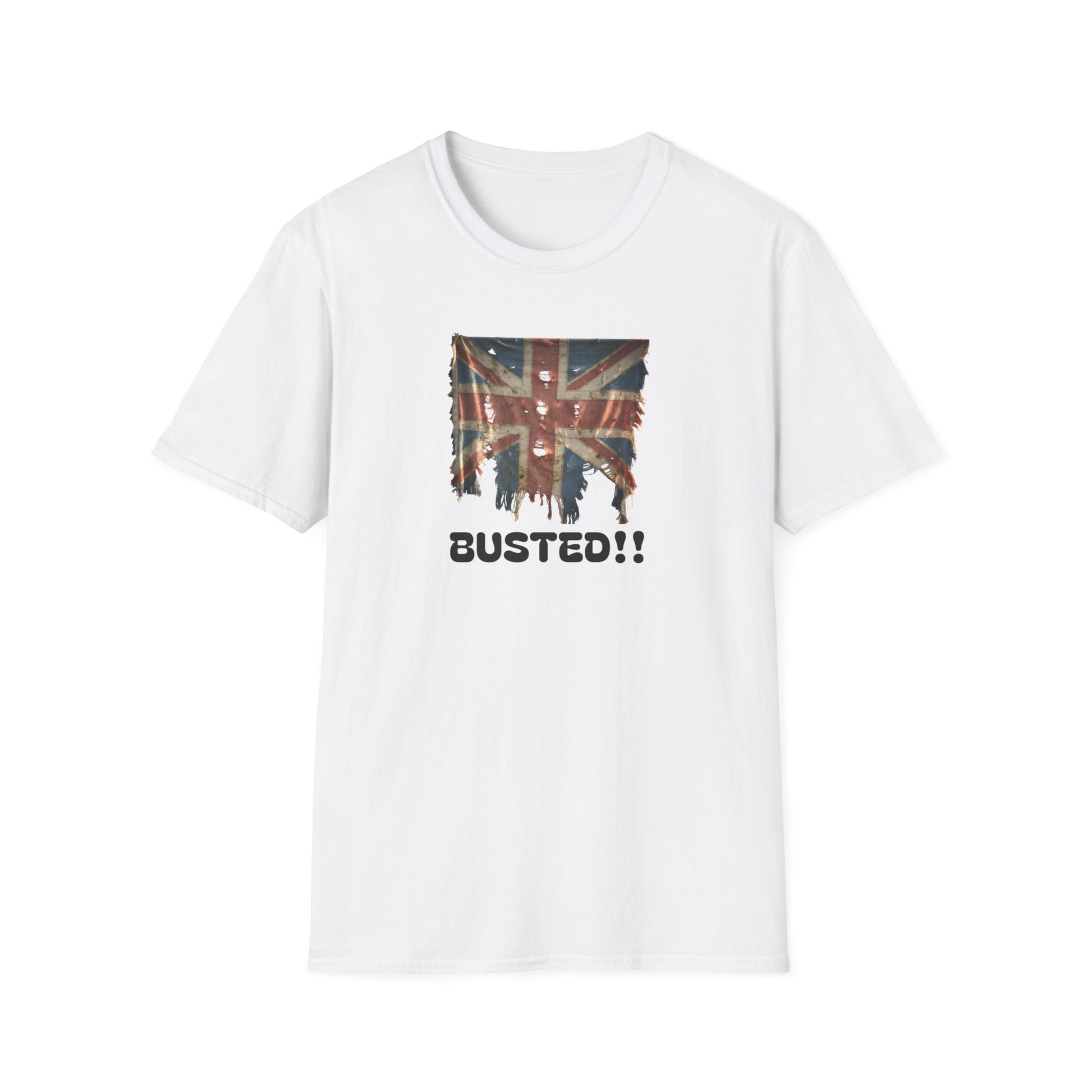 White t-shirt with a graphic design and 'BUSTED!!' text on a white background