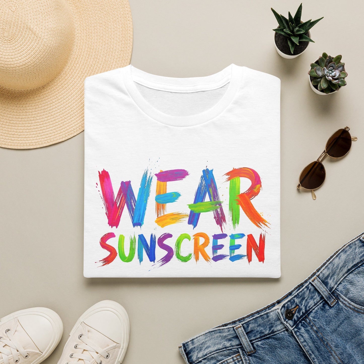 Wear Sunscreen T-Shirt — Colorful Brushstroke Sun Safety Tee Printify