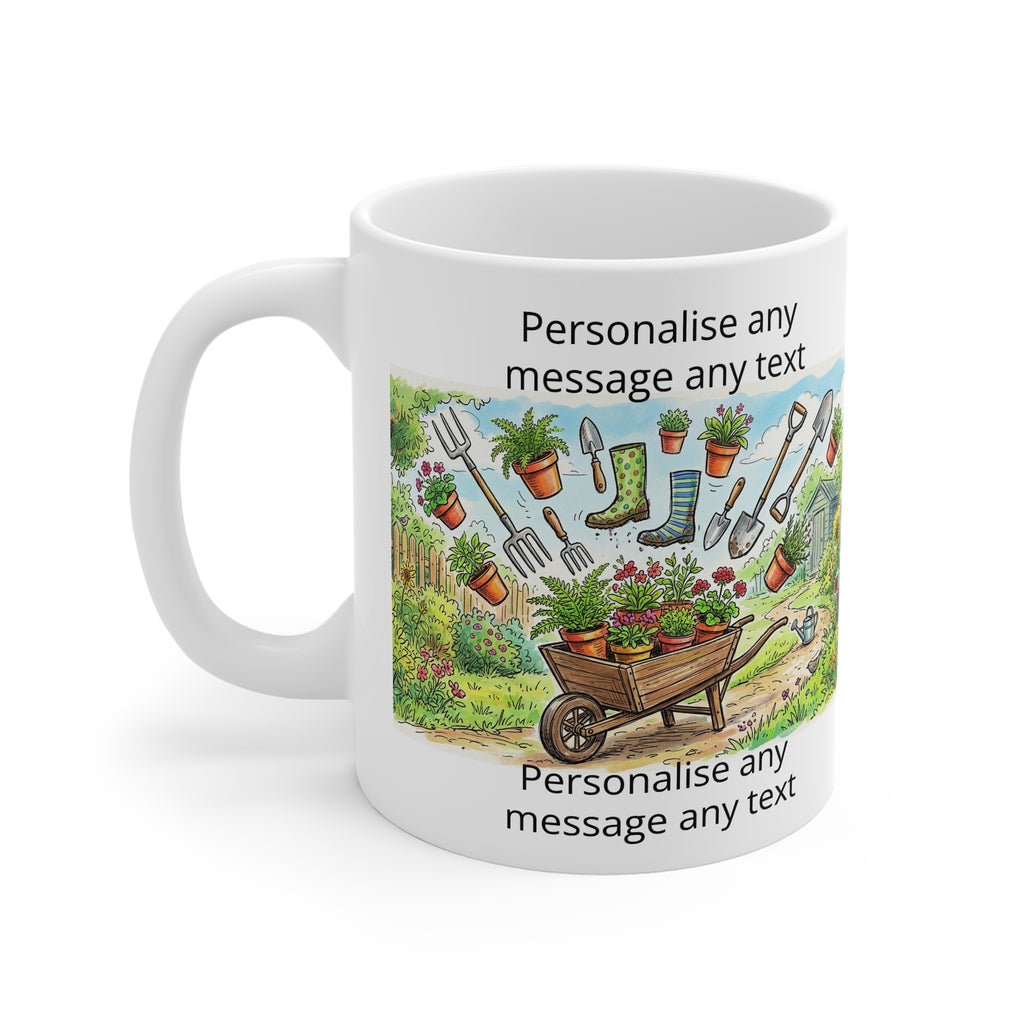 Gardening Mug — Personalised Wheelbarrow & Tools Coffee Cup (Add Your Text) fat boris