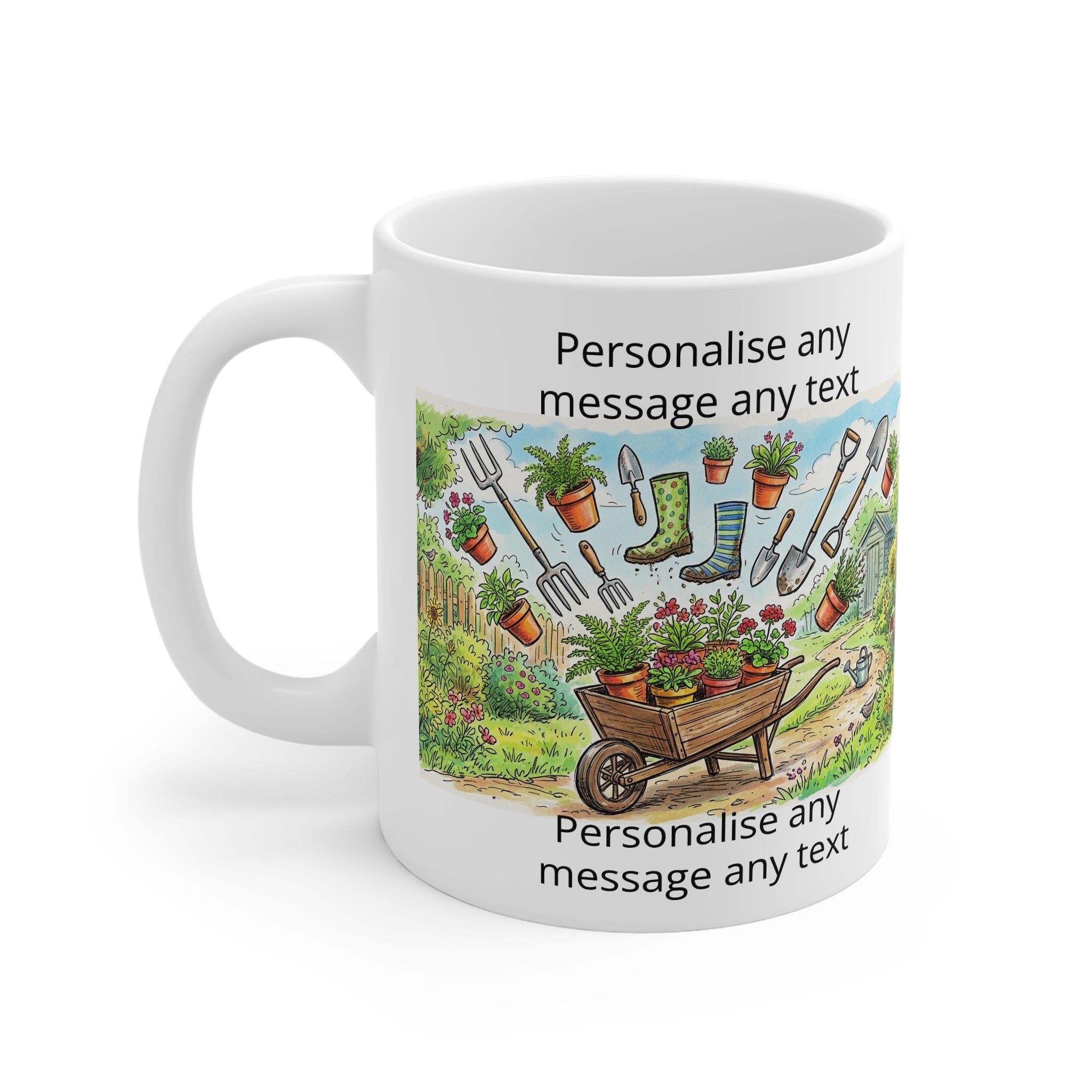 Gardening Mug — Personalised Wheelbarrow & Tools Coffee Cup (Add Your Text) fat boris