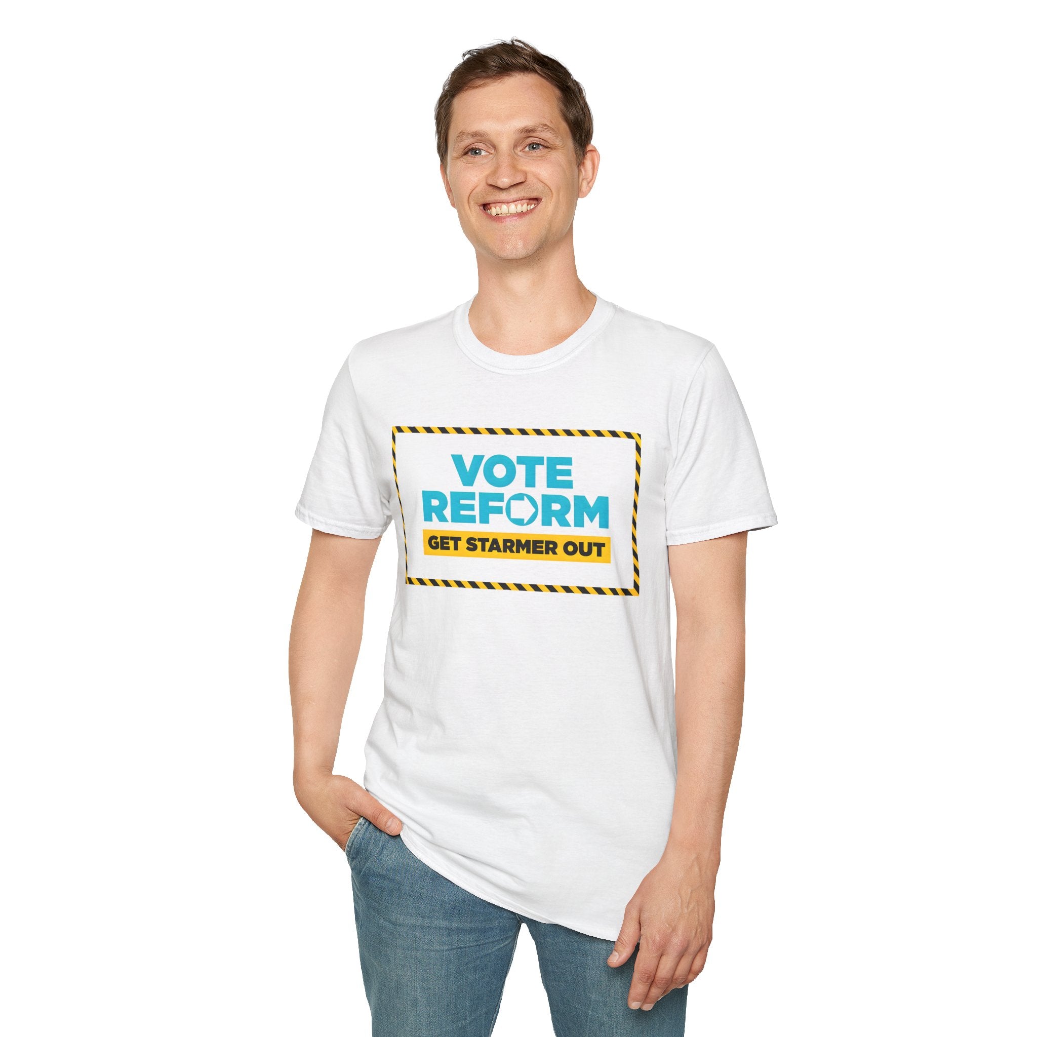 Vote Reform  Nigel Farage Campaign Slogan T-Shirt – "Get Starmer Out" Political Protest Tee Printify