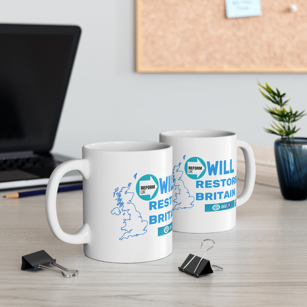Reform UK 'Will Restore Britain' 11oz Mug Pulitical Satire Printify