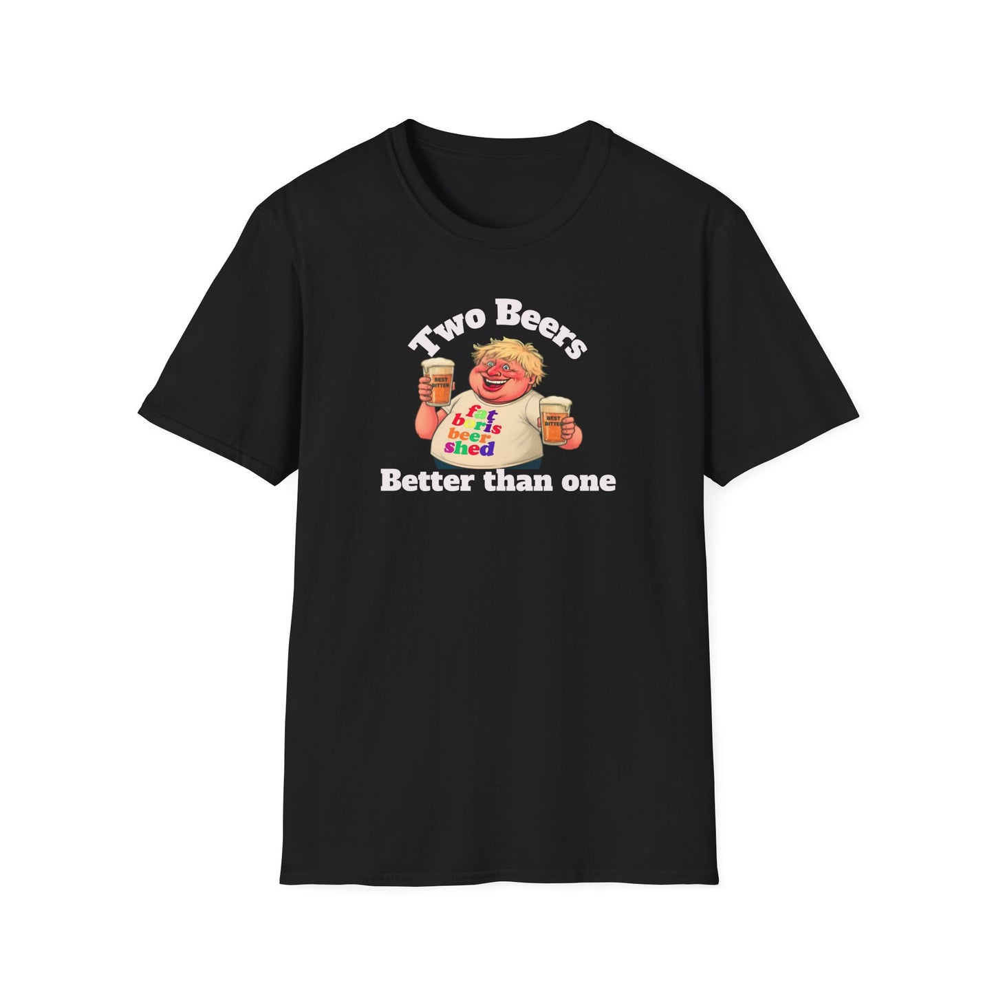 Black t-shirt with a graphic of a cartoon character holding two beers and text on a white background