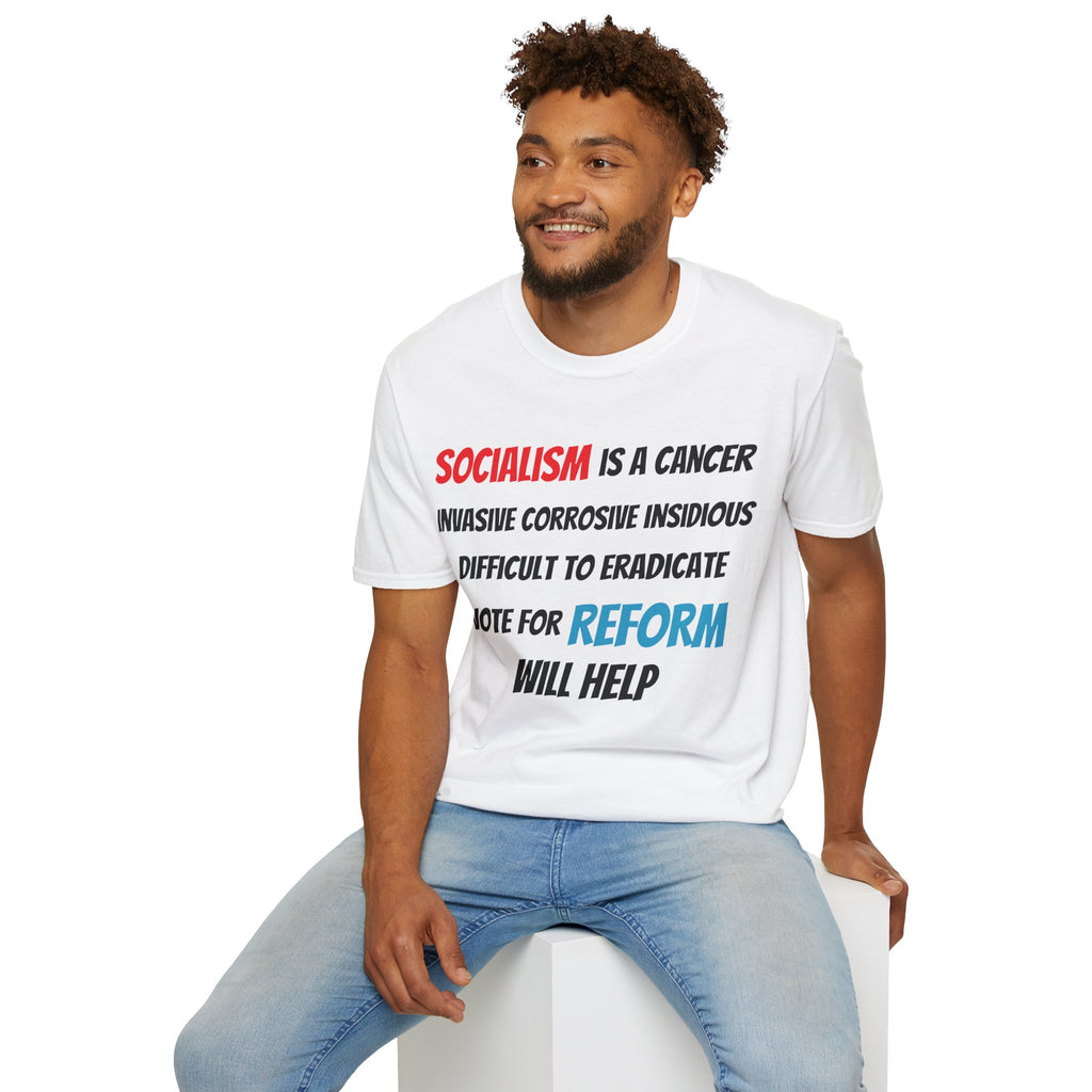 Man wearing a white t-shirt with a political message on a white background