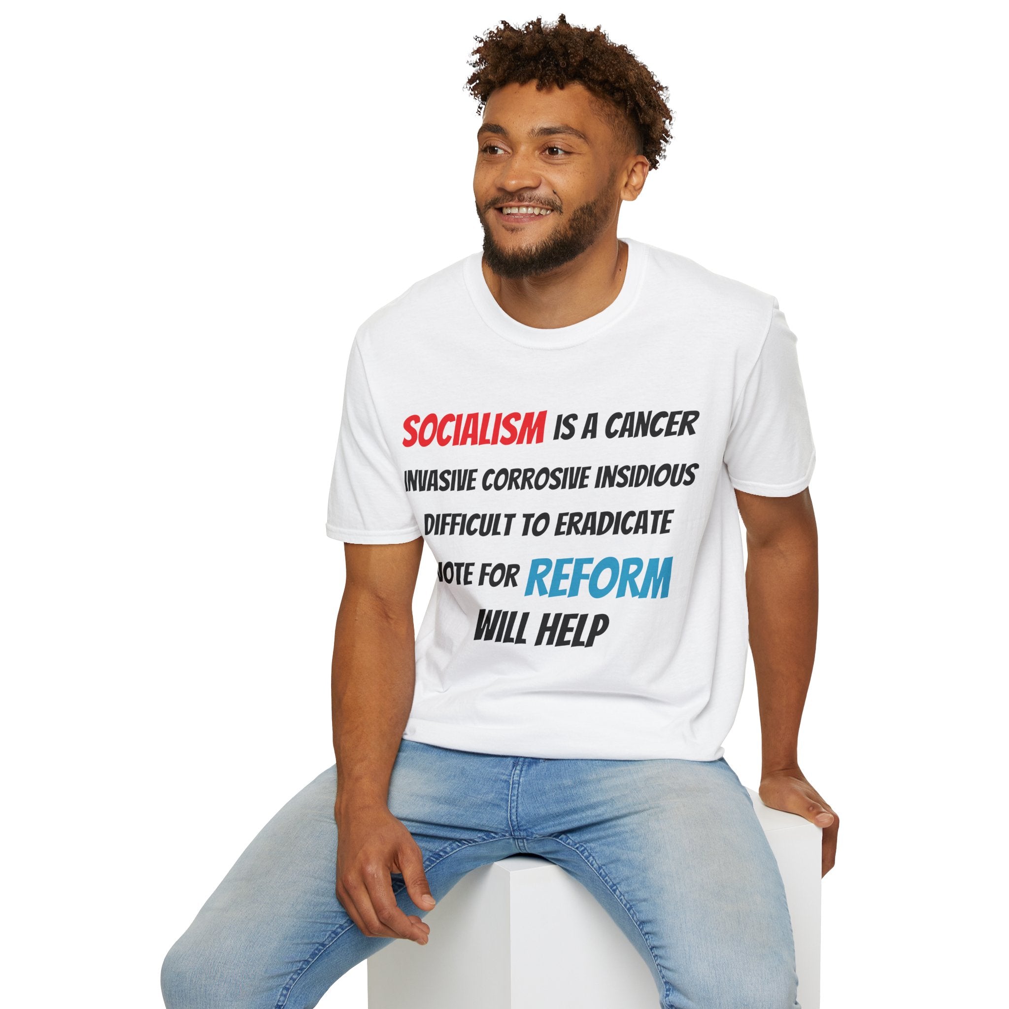 Man wearing a white t-shirt with a political message on a white background