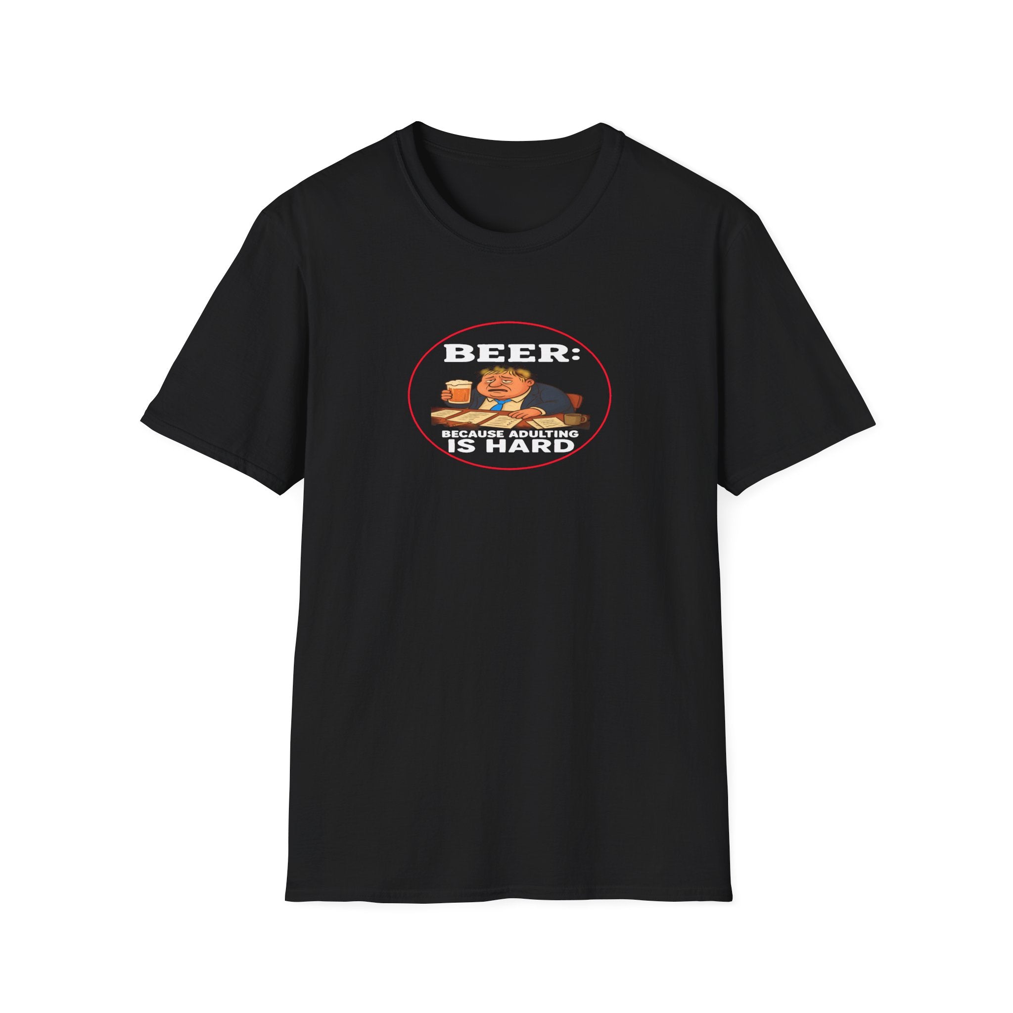 “Funny Beer Because Adulting Is Hard cartoon  black T-shirt design”
