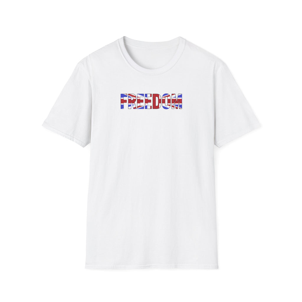 White t-shirt with 'FREEDOM' printed in colorful letters on a white background