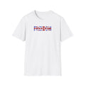 White t-shirt with 'FREEDOM' printed in colorful letters on a white background