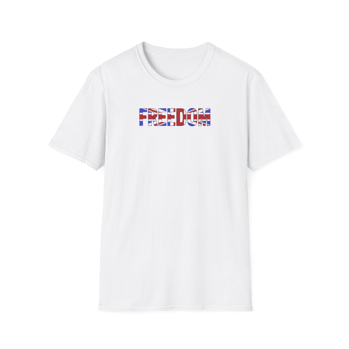 White t-shirt with 'FREEDOM' printed in colorful letters on a white background