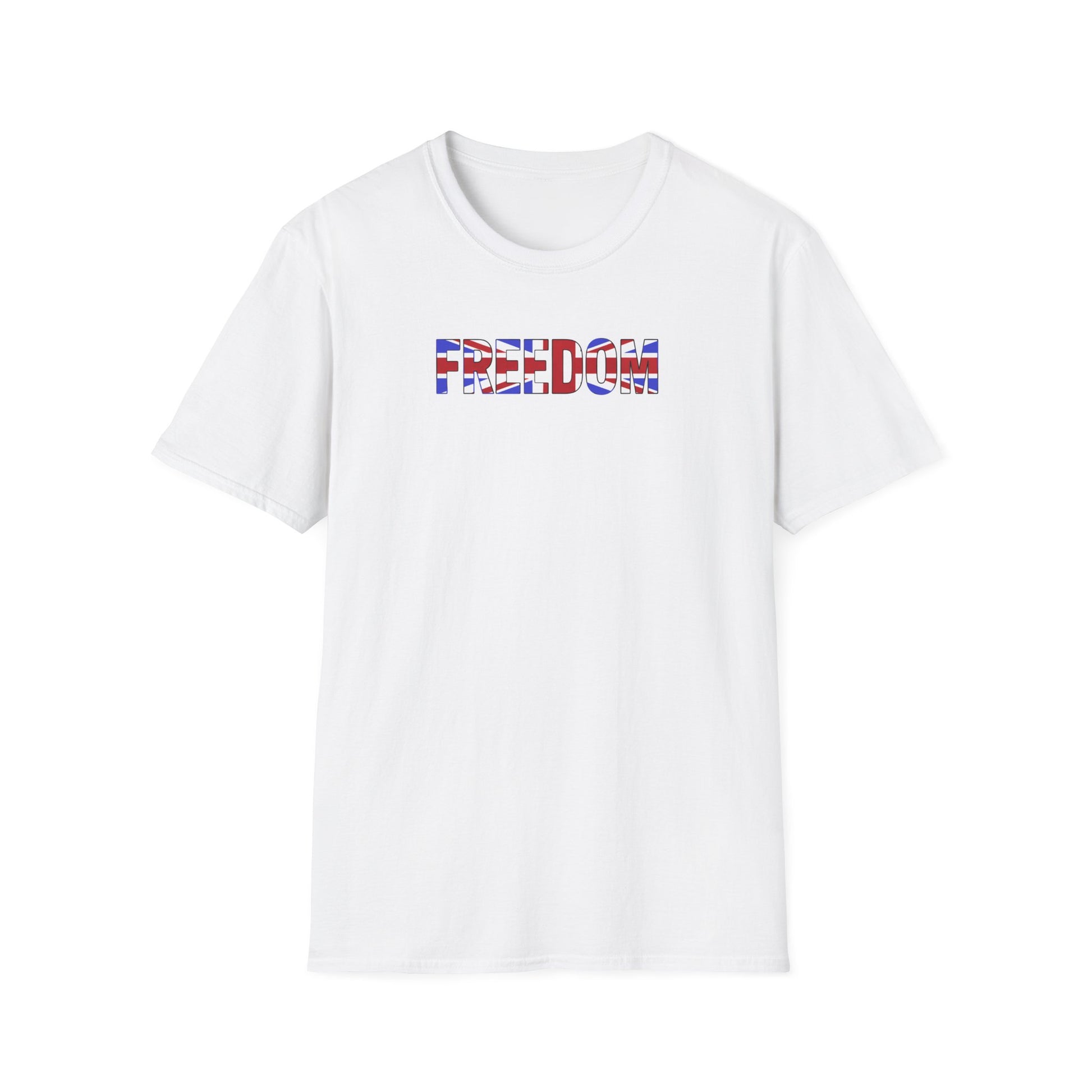 White t-shirt with 'FREEDOM' printed in colorful letters on a white background
