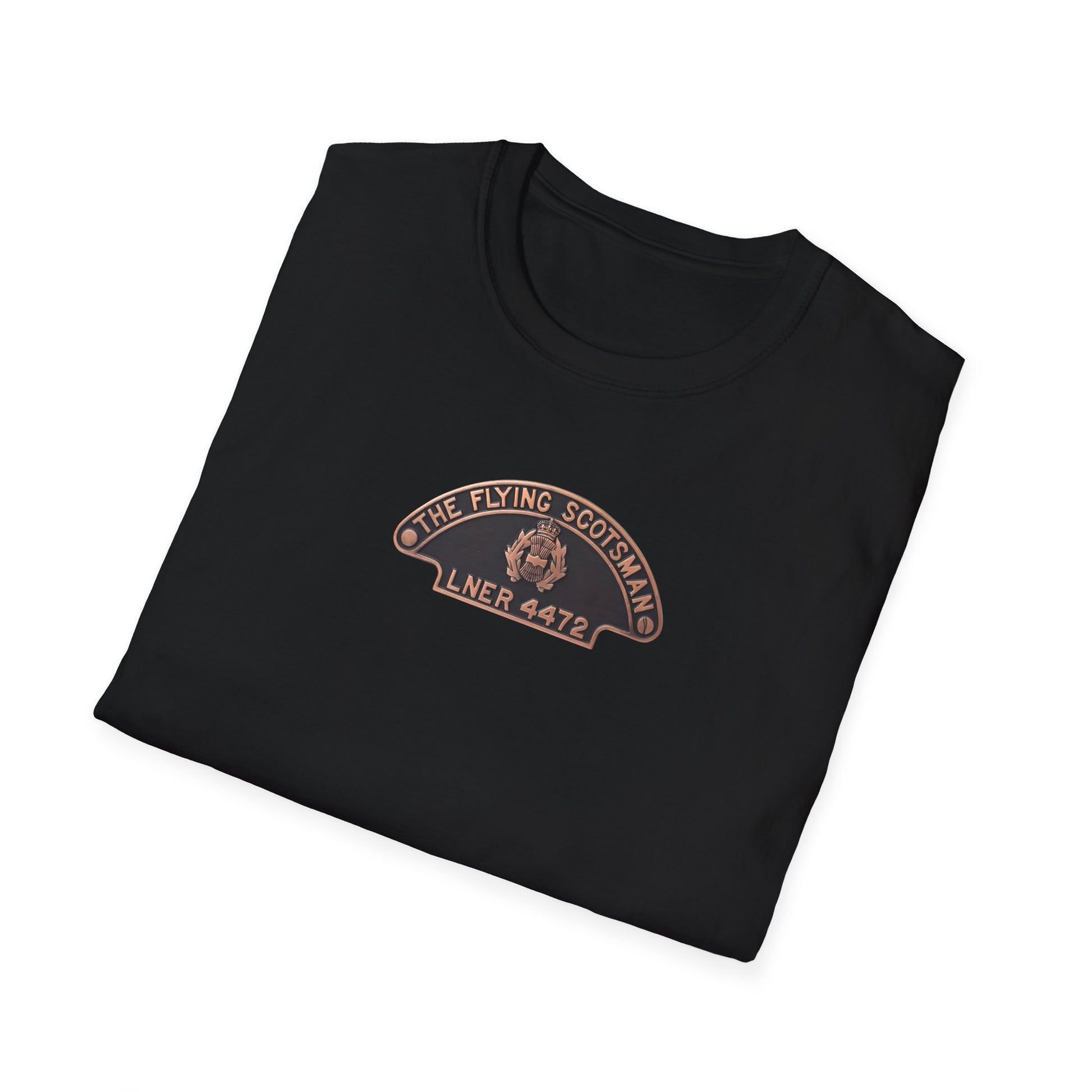 Folded black sweatshirt with embroidered design on a white background