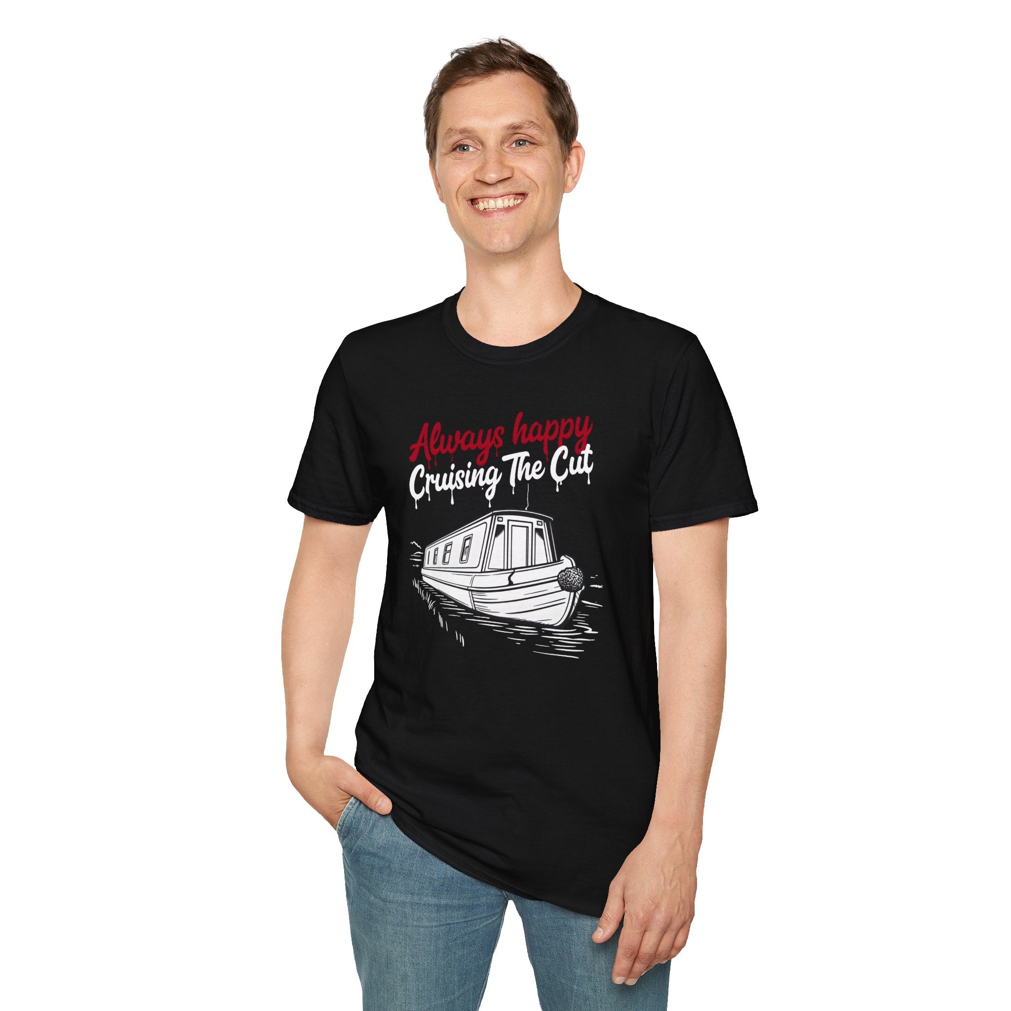 Person wearing a black t-shirt with a boat graphic and text on a white background