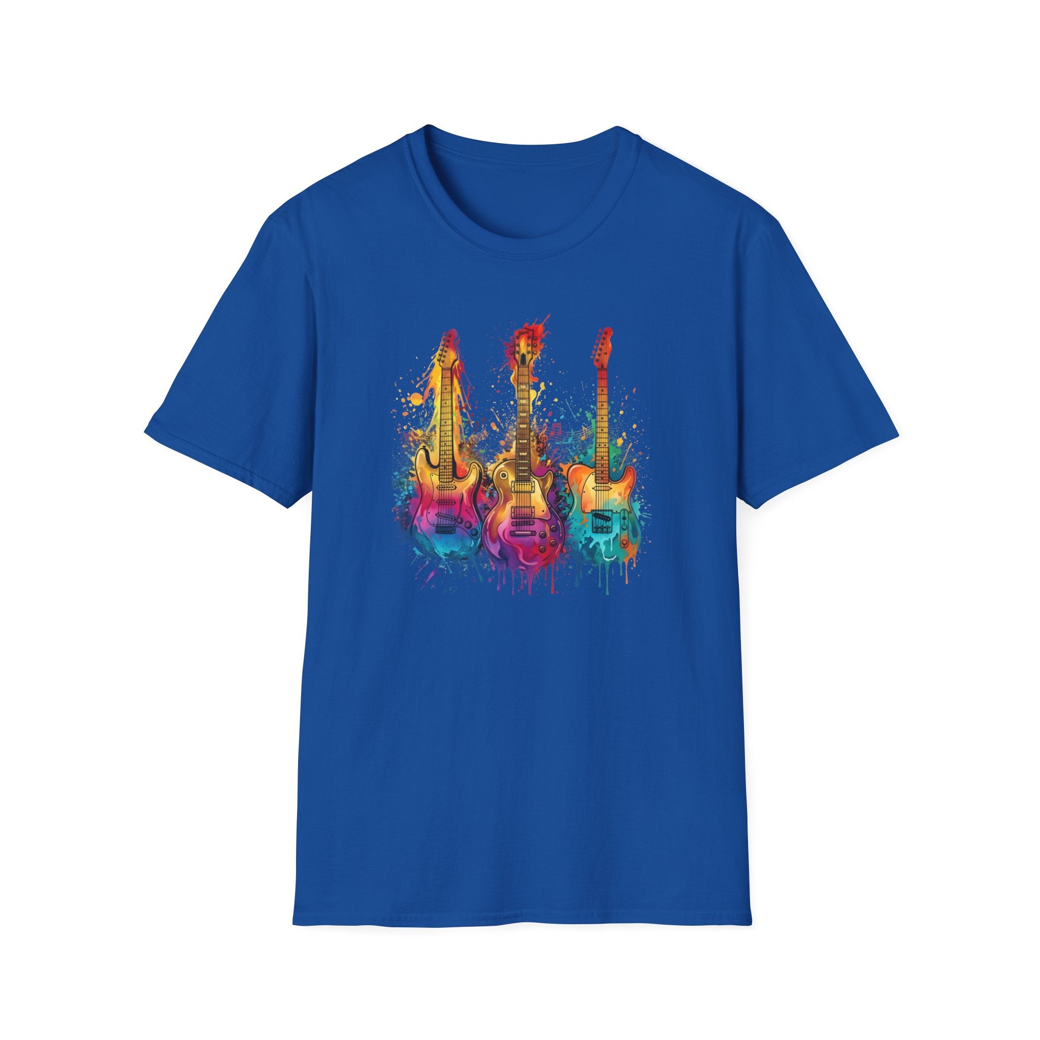 Vivid Paint Splash Design Three Guitars Trio T-Shirt — Colourful  Musical Instrument Tee
