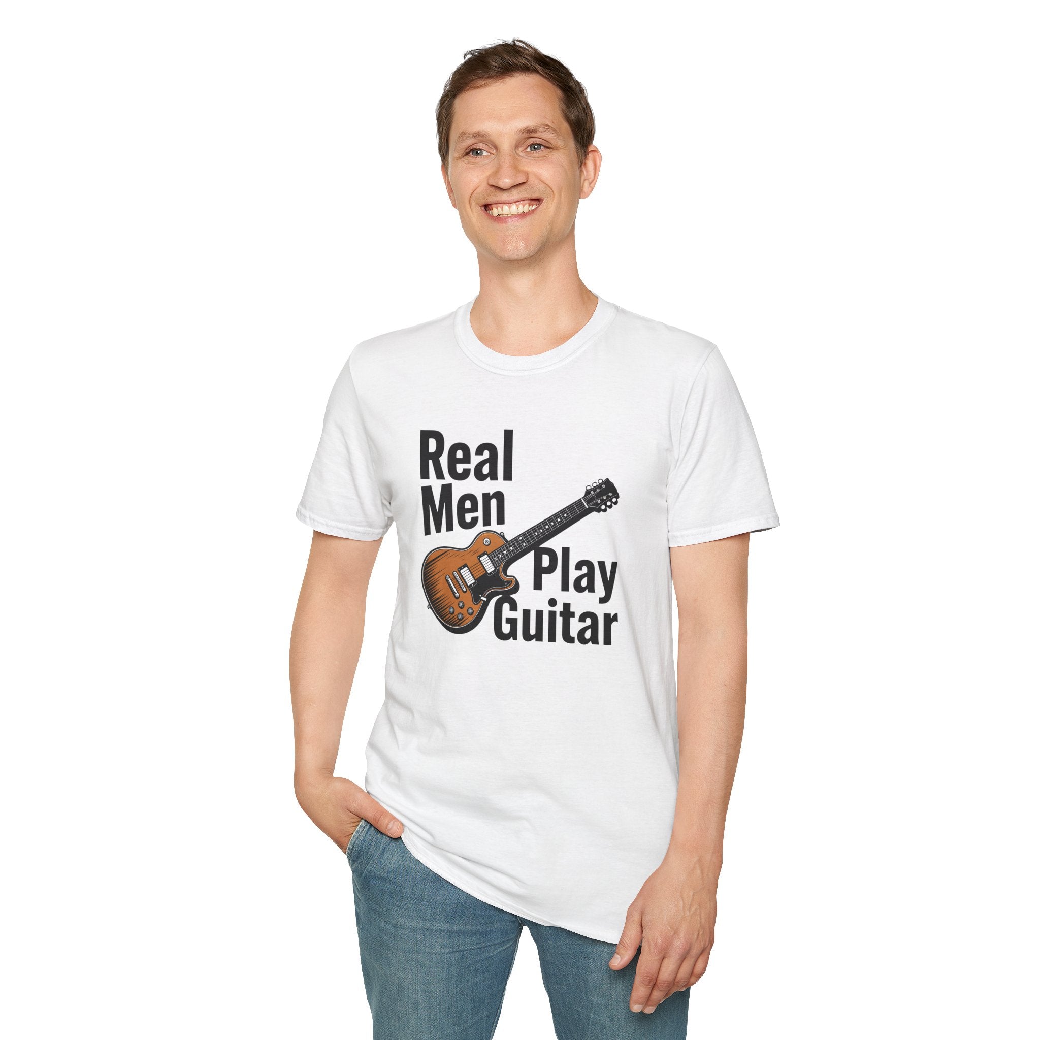 Person wearing a white t-shirt with 'Real Men Play Guitar' text and graphic on a white background