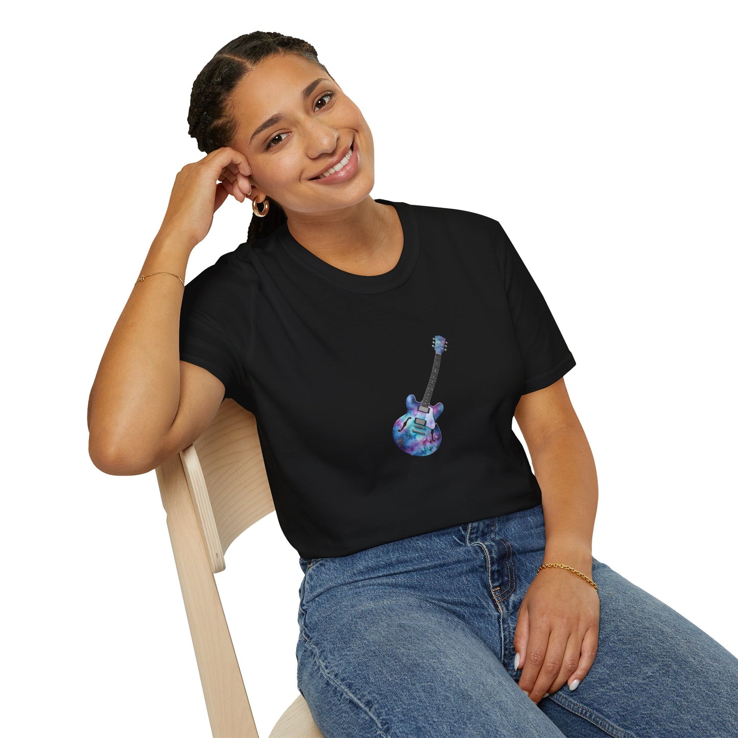  "Galactic Groove" tee, featuring a mesmerizing cosmic watercolour design. 