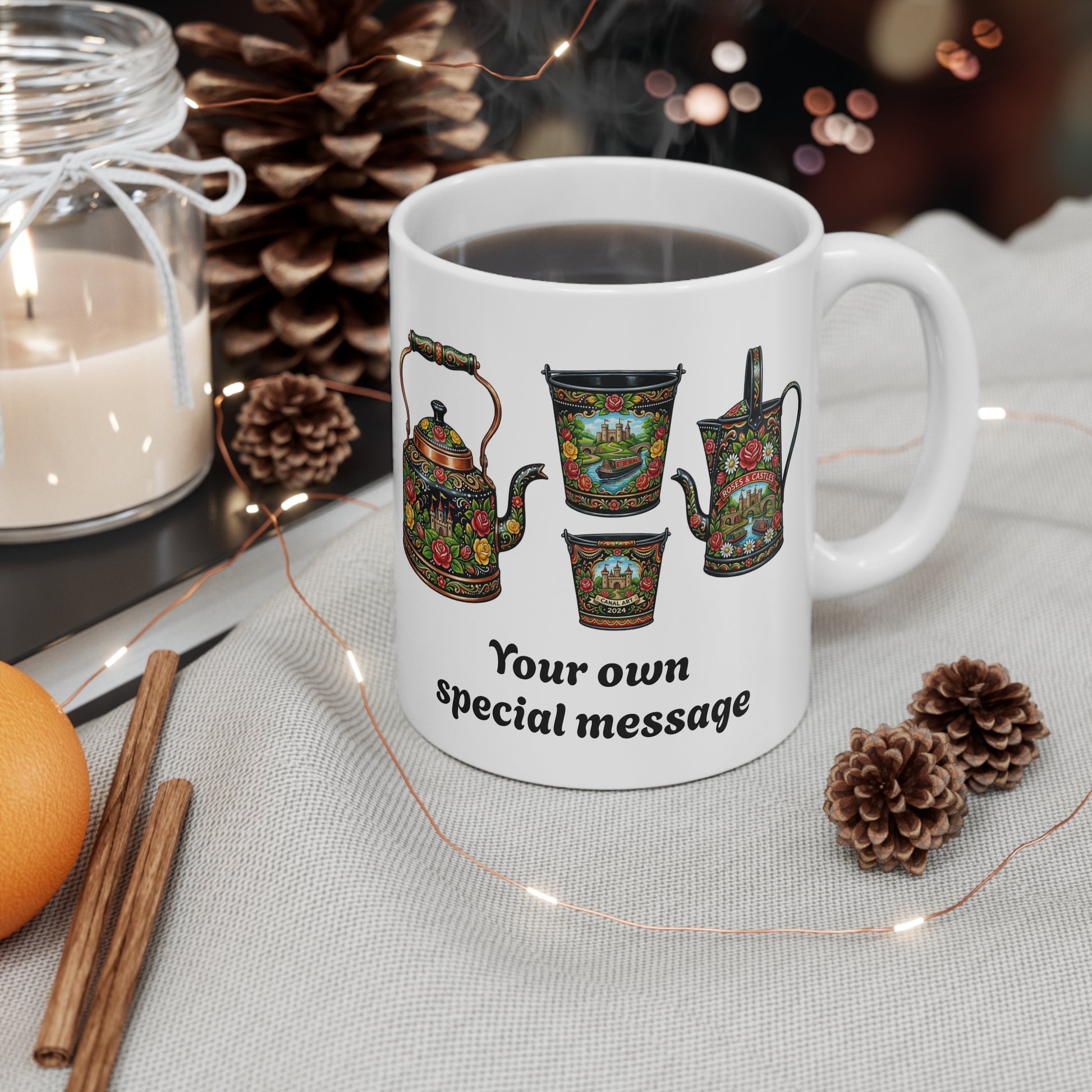Custom  personalised 11oz Coffee Mug with Traditional Canal Roses and Castles Art 