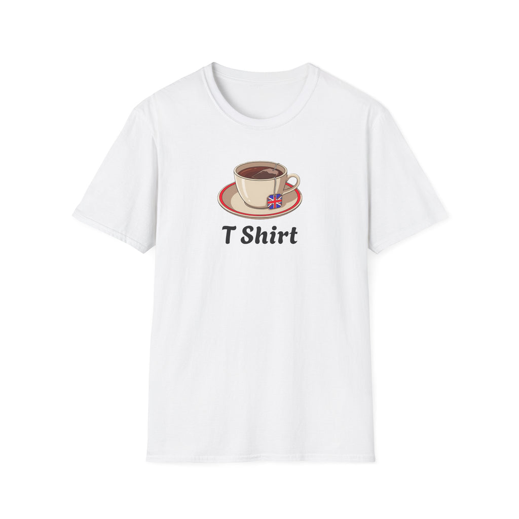 White t-shirt with a coffee cup graphic and 'T Shirt' text on a white background