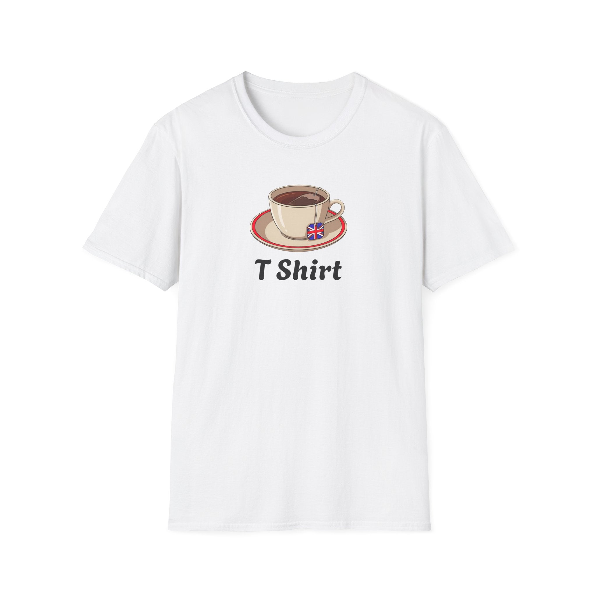 White t-shirt with a coffee cup graphic and 'T Shirt' text on a white background