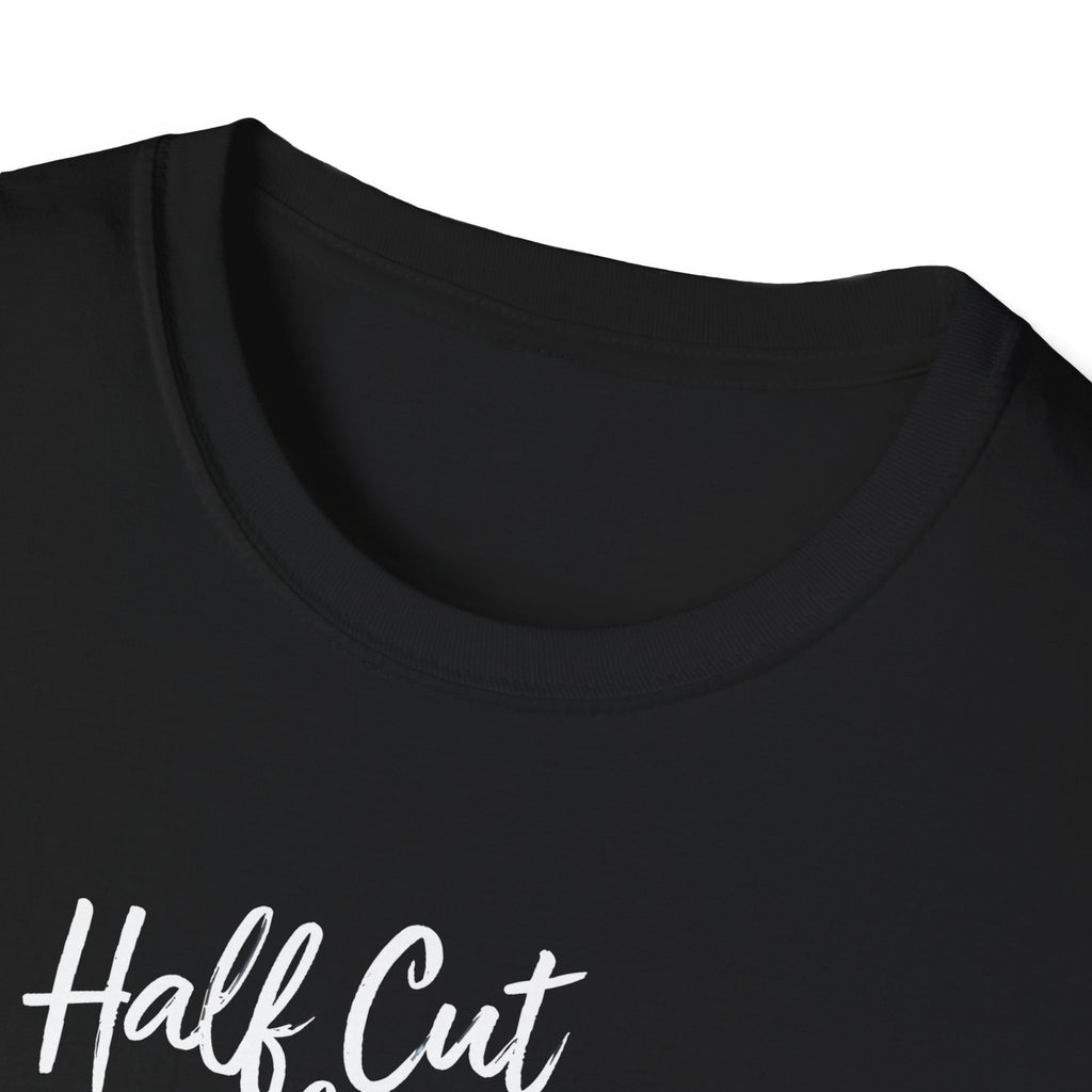 Black t-shirt with 'Half Cut' text on a white background