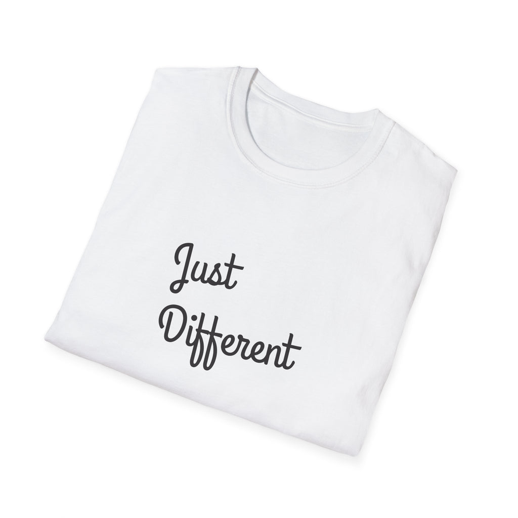 White t-shirt with 'Just Different' text on a white background