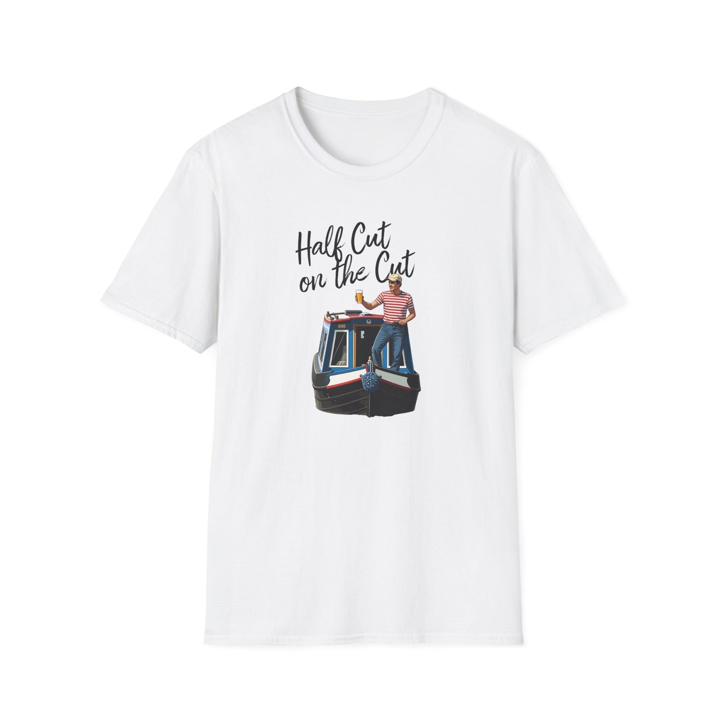 White t-shirt with graphic design and text on a white background T-Shirt — “Half Cut on the Cut” Narrow boat Humour Graphic Tee