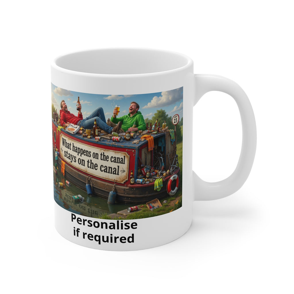 Canal Boat Mug — "What happens on the canal stays on the canal" Novelty Coffee Cup Printify