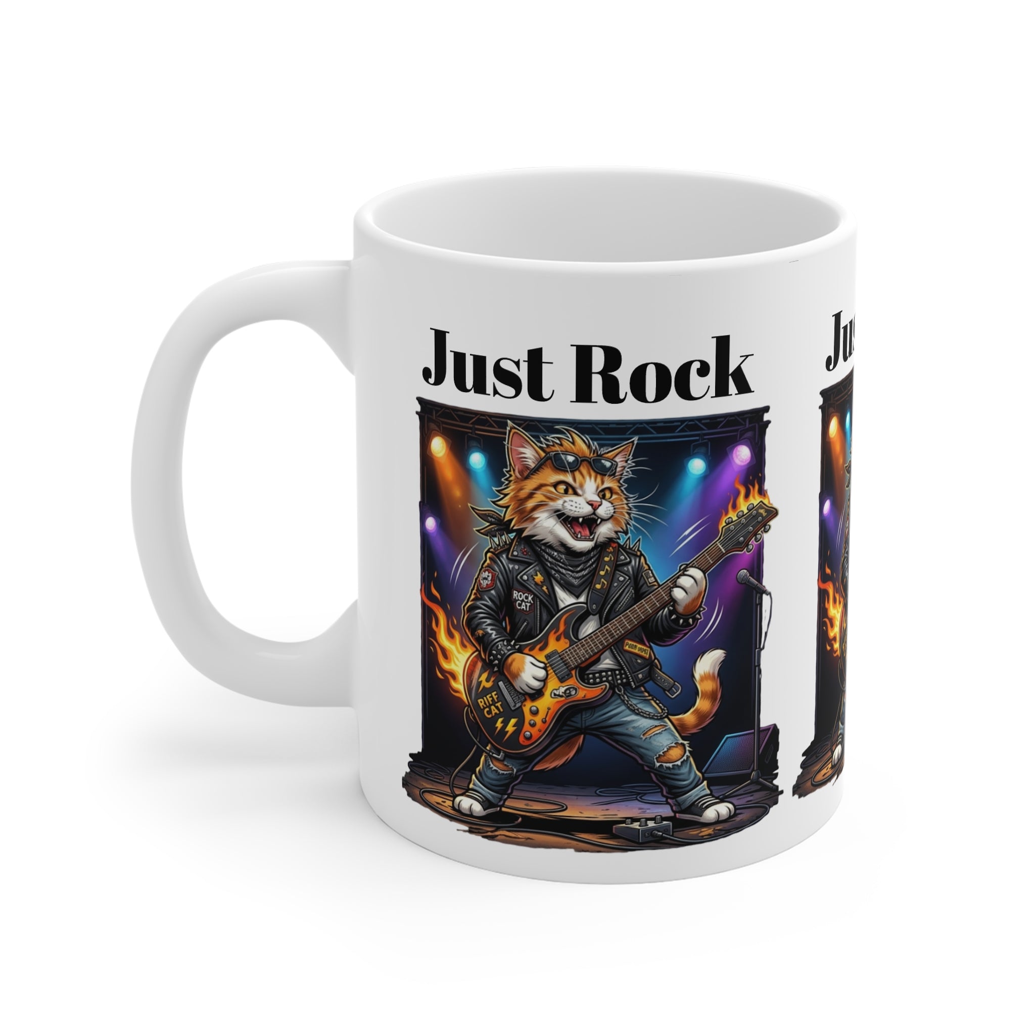 Just Rock Cat Guitar Mug — Funny Rocker Cat Coffee Cup Printify