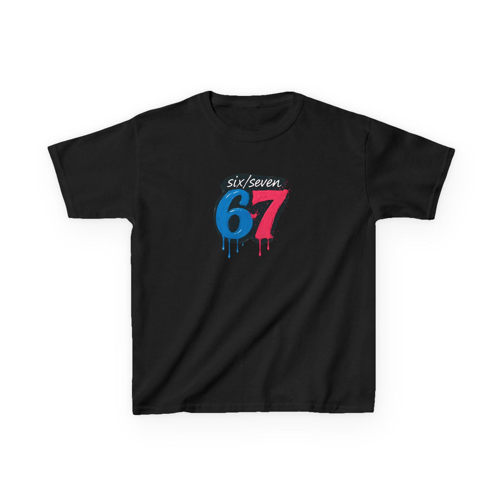 kid's Black t-shirt with 'six/seven 67' logo on a white background